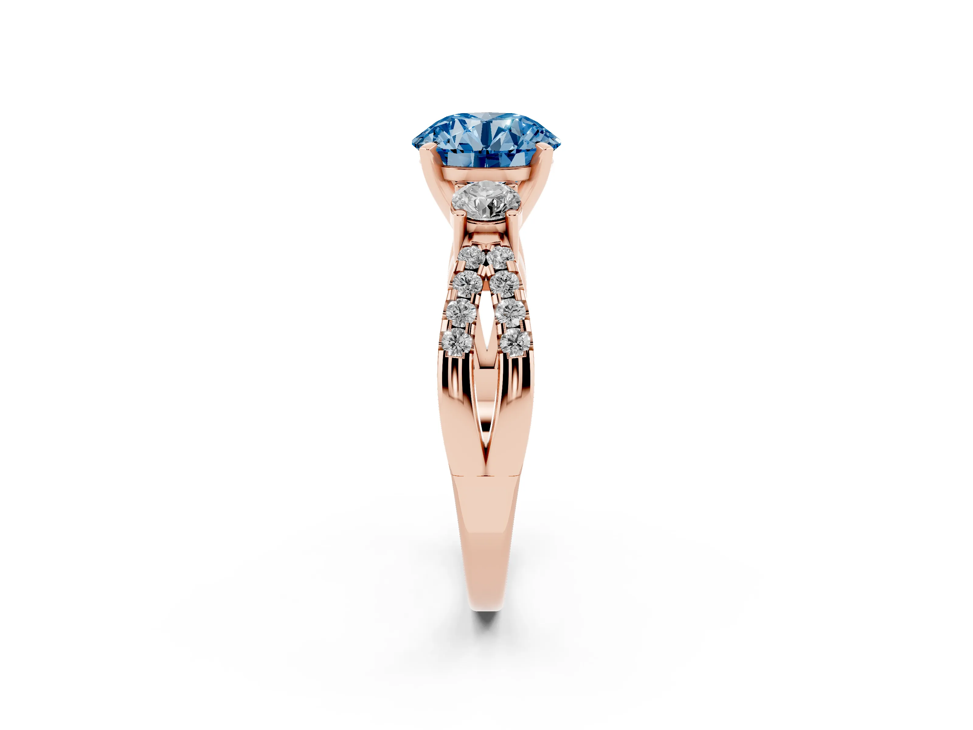 Fancy Blue Round Cut Diamond Three-Stone Ring Set in Rose gold with Pavé Split Shank and Prong Setting