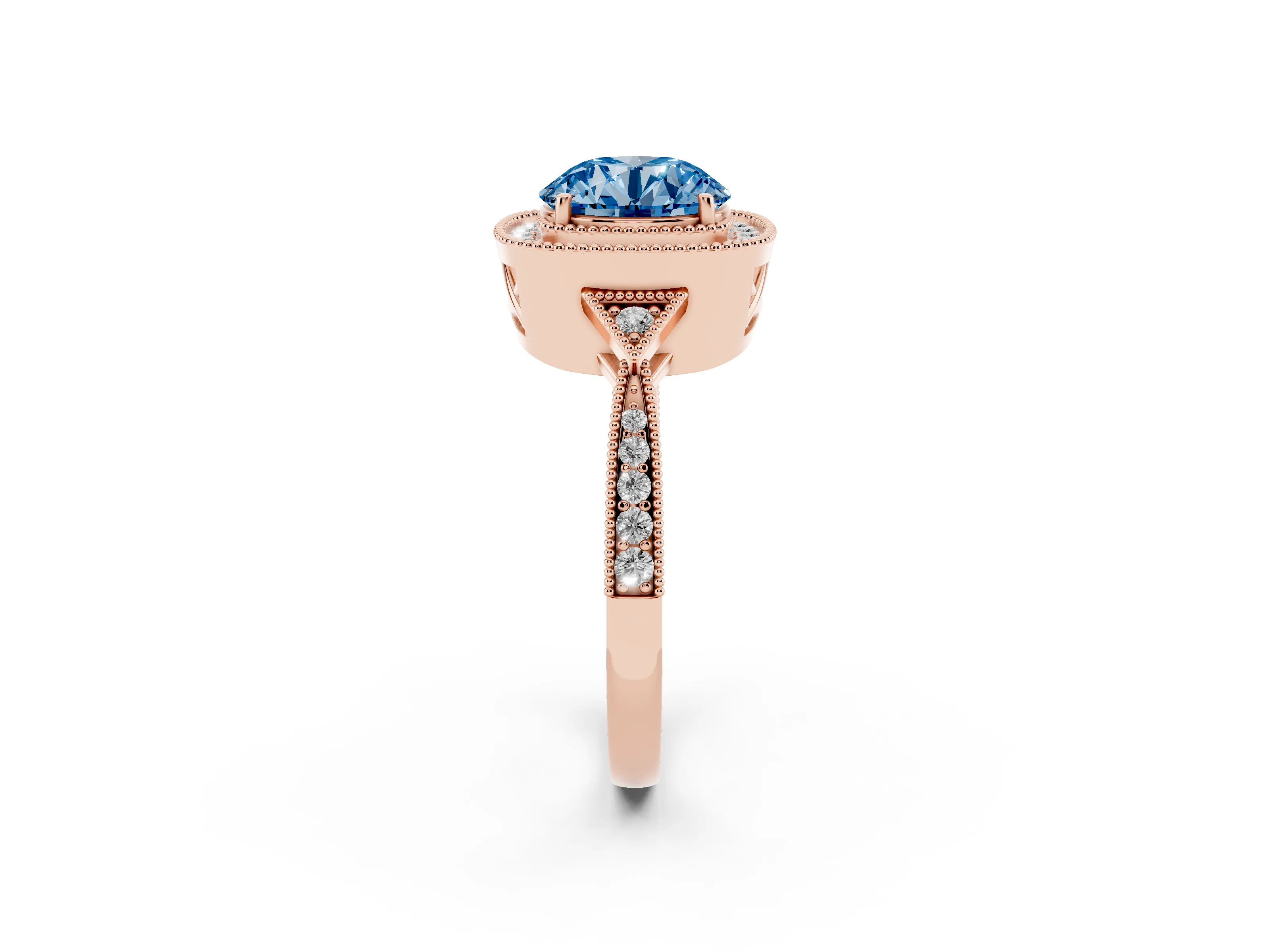 Fancy Blue Round Cut Diamond Halo Engagement Ring Set in Rose gold with Milgrain Pavé Band