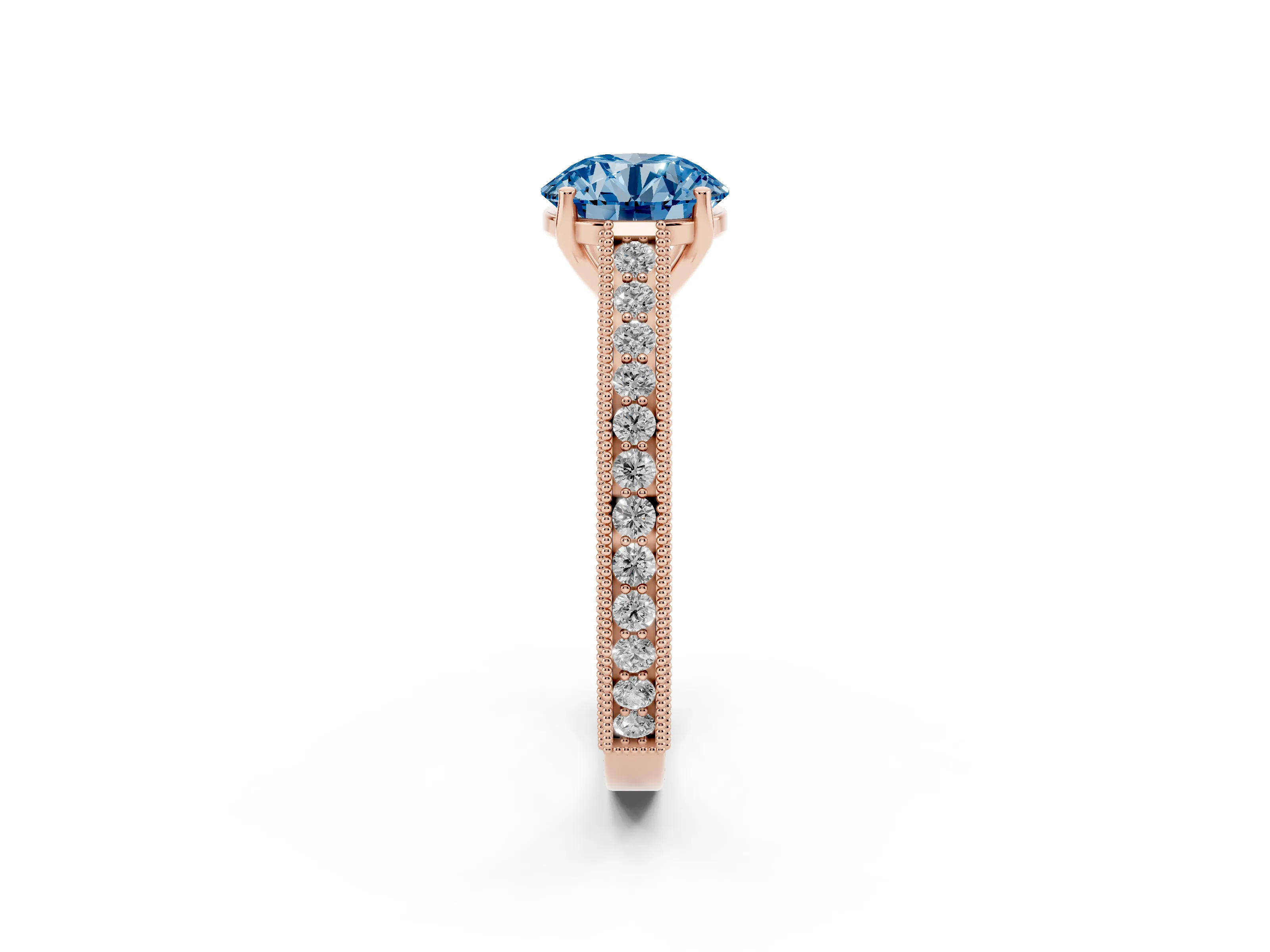 Fancy Blue Round Cut Diamond Milgrain Pavé Band Solitaire Ring Set in Rose gold with Prong Setting