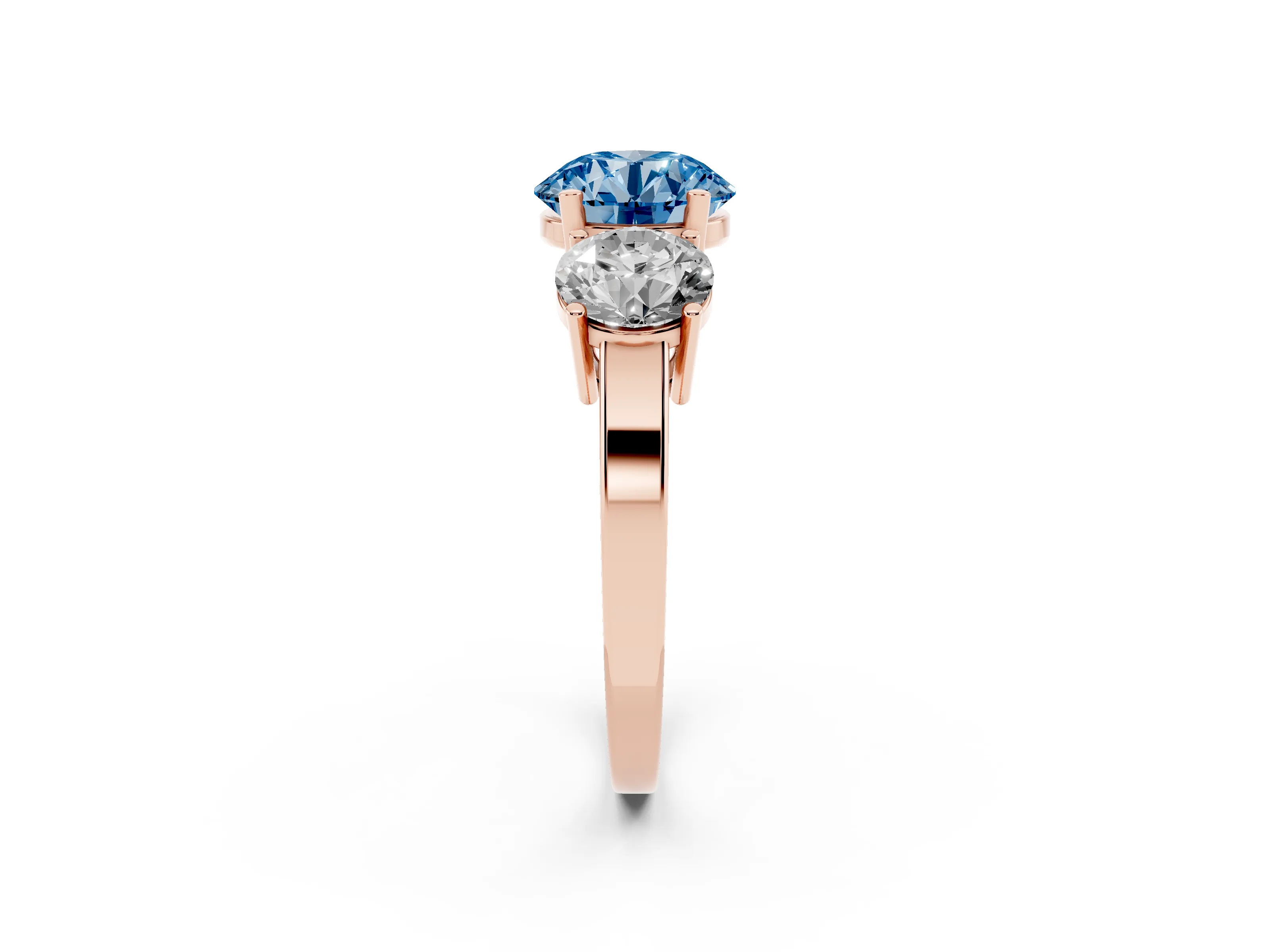 Fancy Blue Round Cut Diamond Three-Stone Engagement Ring Set in Rose gold with Flat Band
