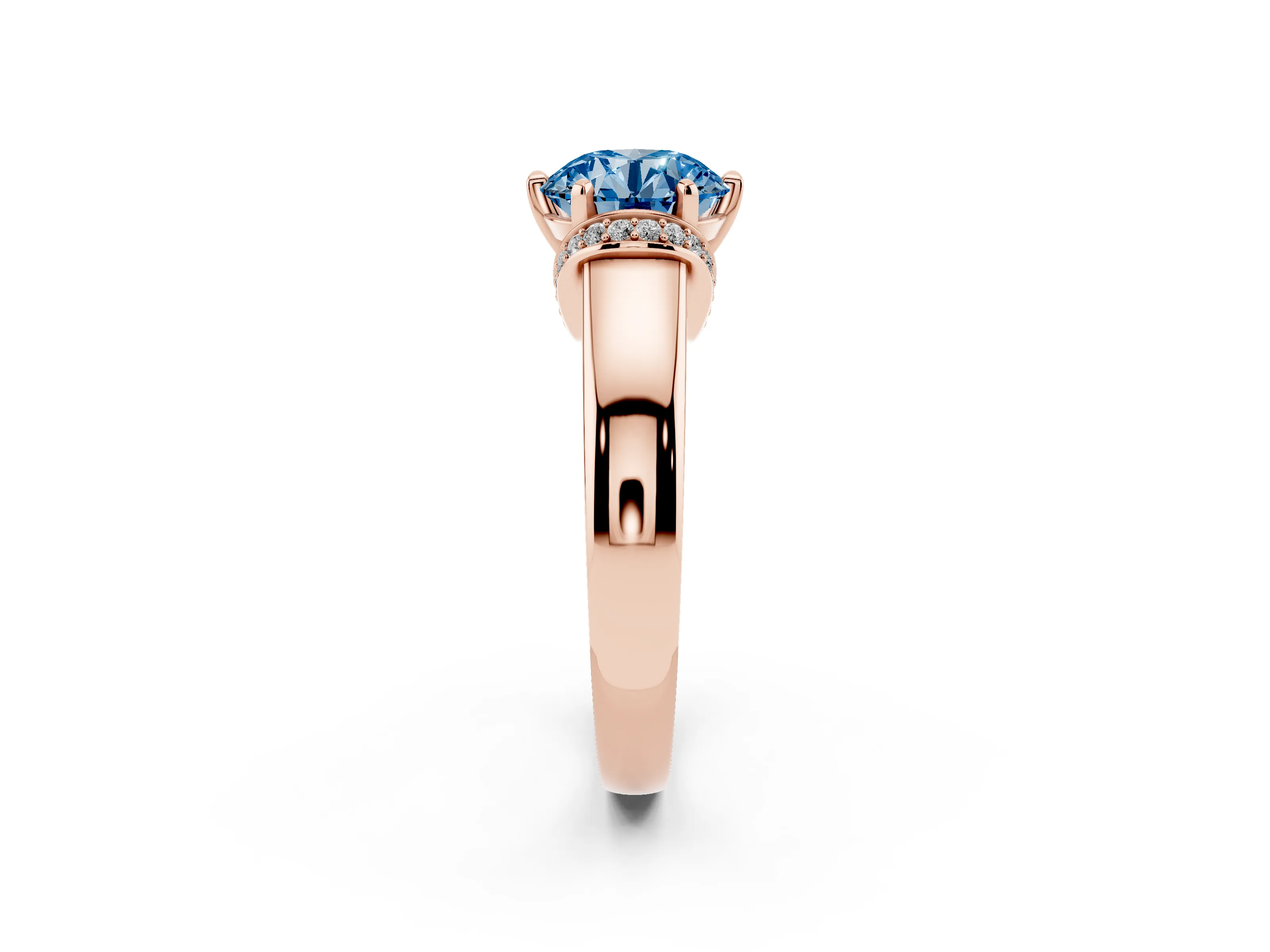 Fancy Blue Round Cut Diamond Pavé Band Solitaire Ring Set in Rose gold with Prong Setting