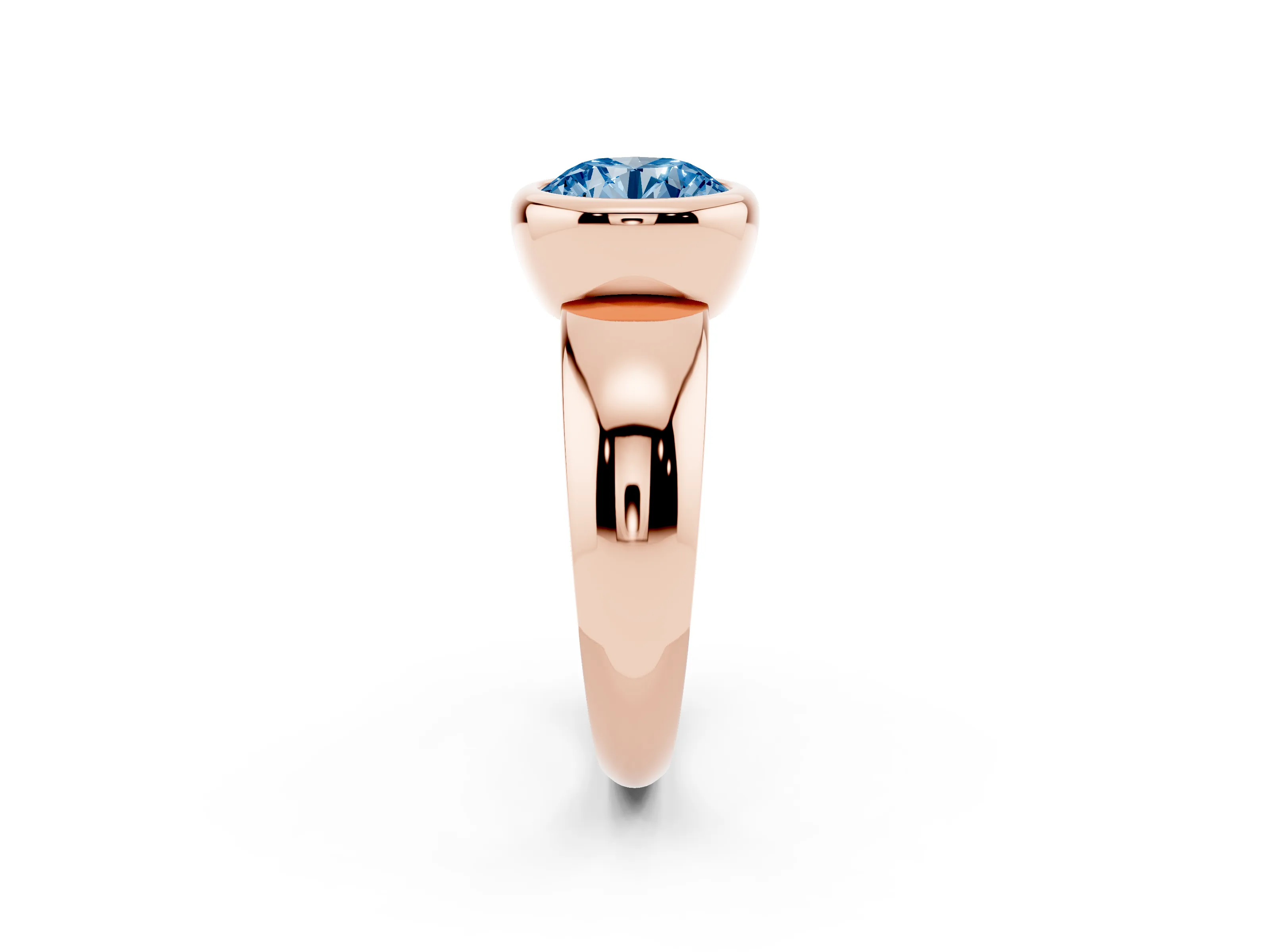 Fancy Blue Bezel Set Round Cut Diamond Solitaire Ring Set in Rose gold with Wide Band