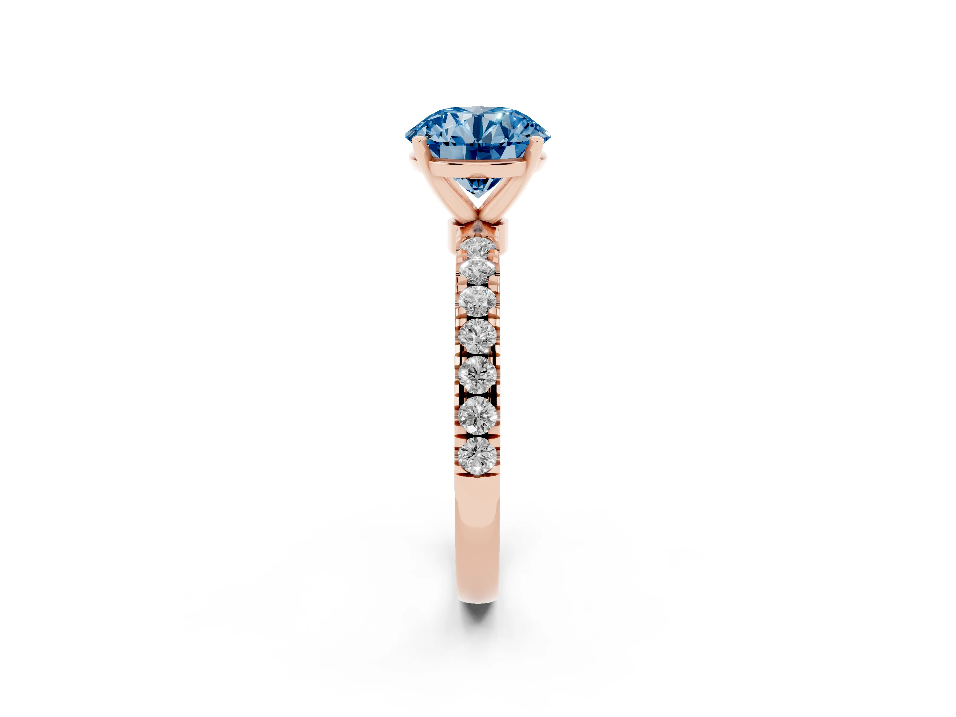 Fancy Blue Round Cut Diamond Solitaire Ring Set in Rose gold with Pavé Accents and Prong Setting