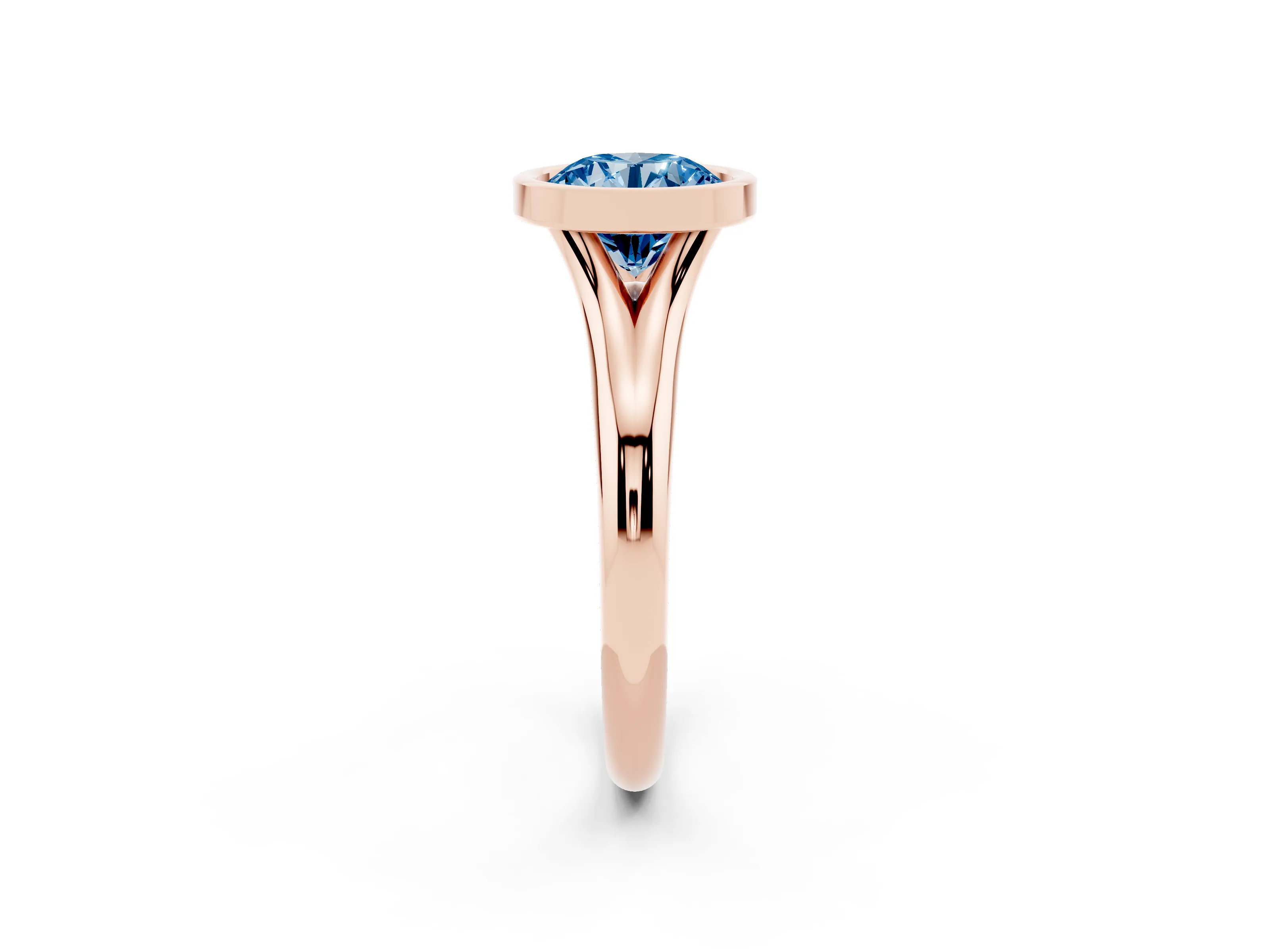 Fancy Blue Bezel Set Round Cut Diamond Solitaire Ring Set in Rose gold with Smooth Band