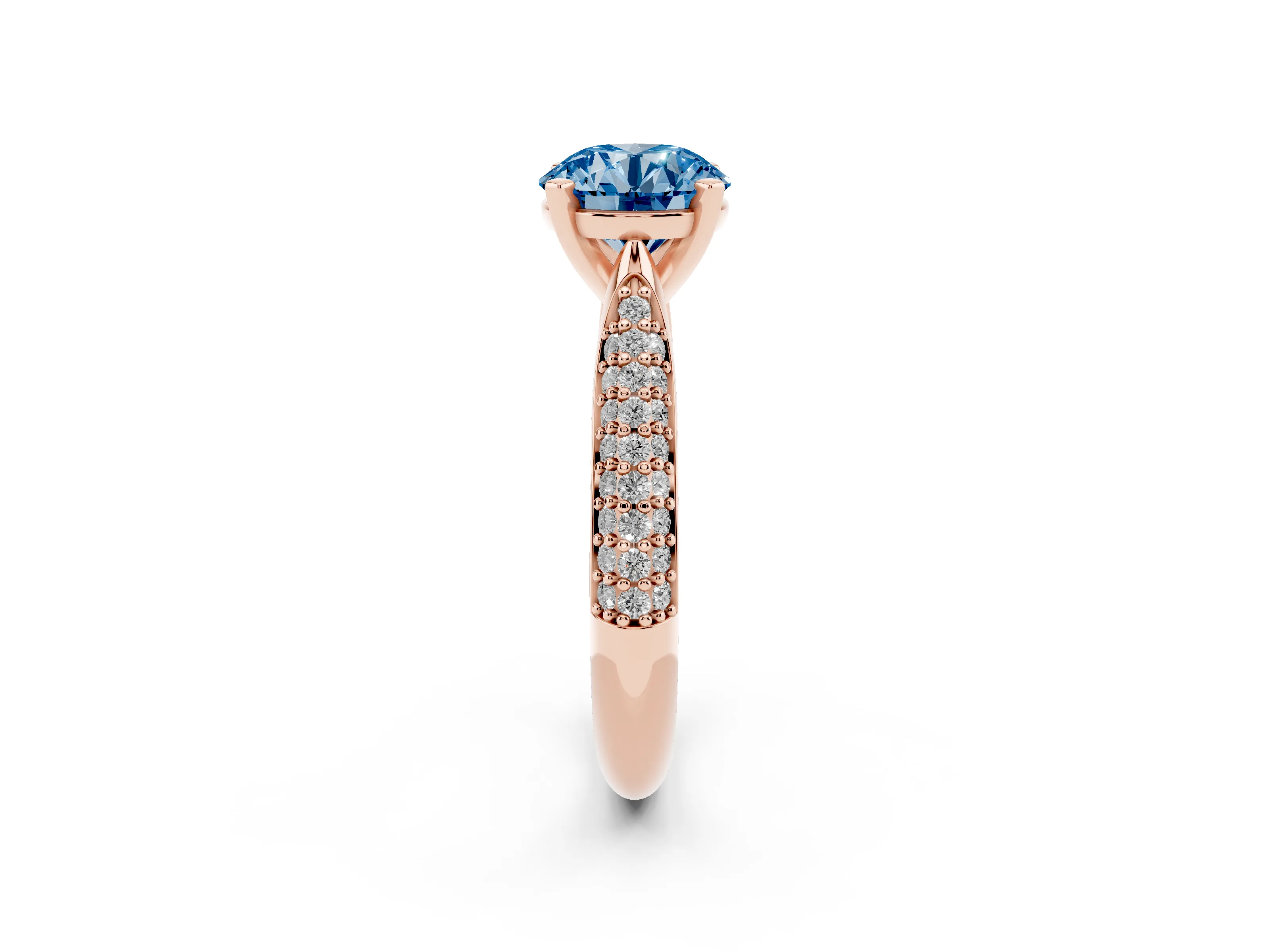 Fancy Blue Round Cut Diamond Solitaire Engagement Ring Set in Rose gold with Multi-Row Round Pavé Band and Prong Setting