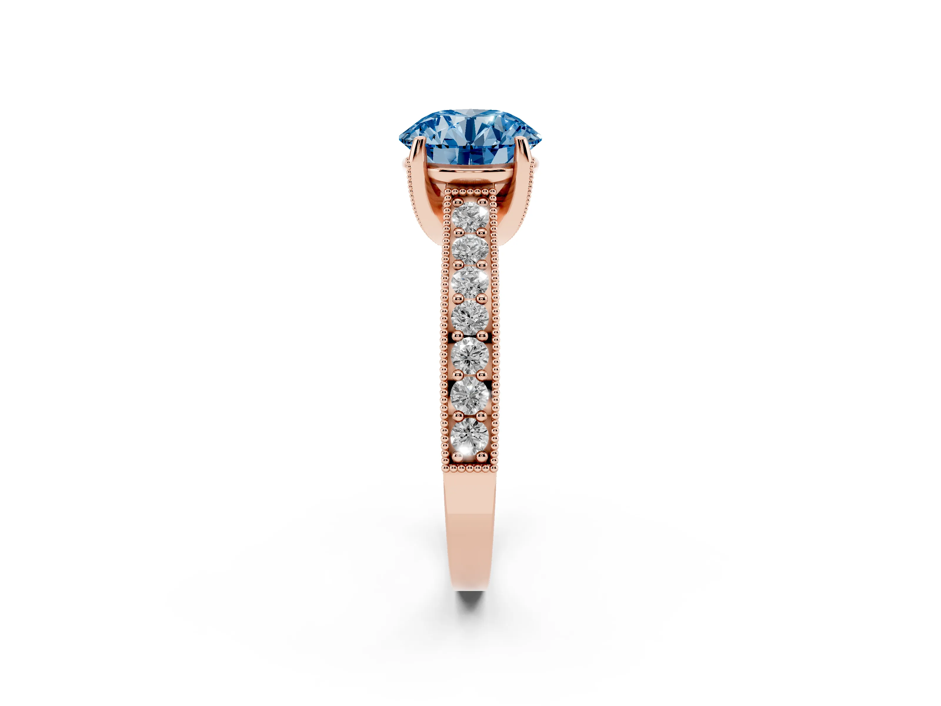 Fancy Blue Round Cut Diamond Solitaire Ring Set in Rose gold with Milgrain-Edged Pavé Band and Prong Setting
