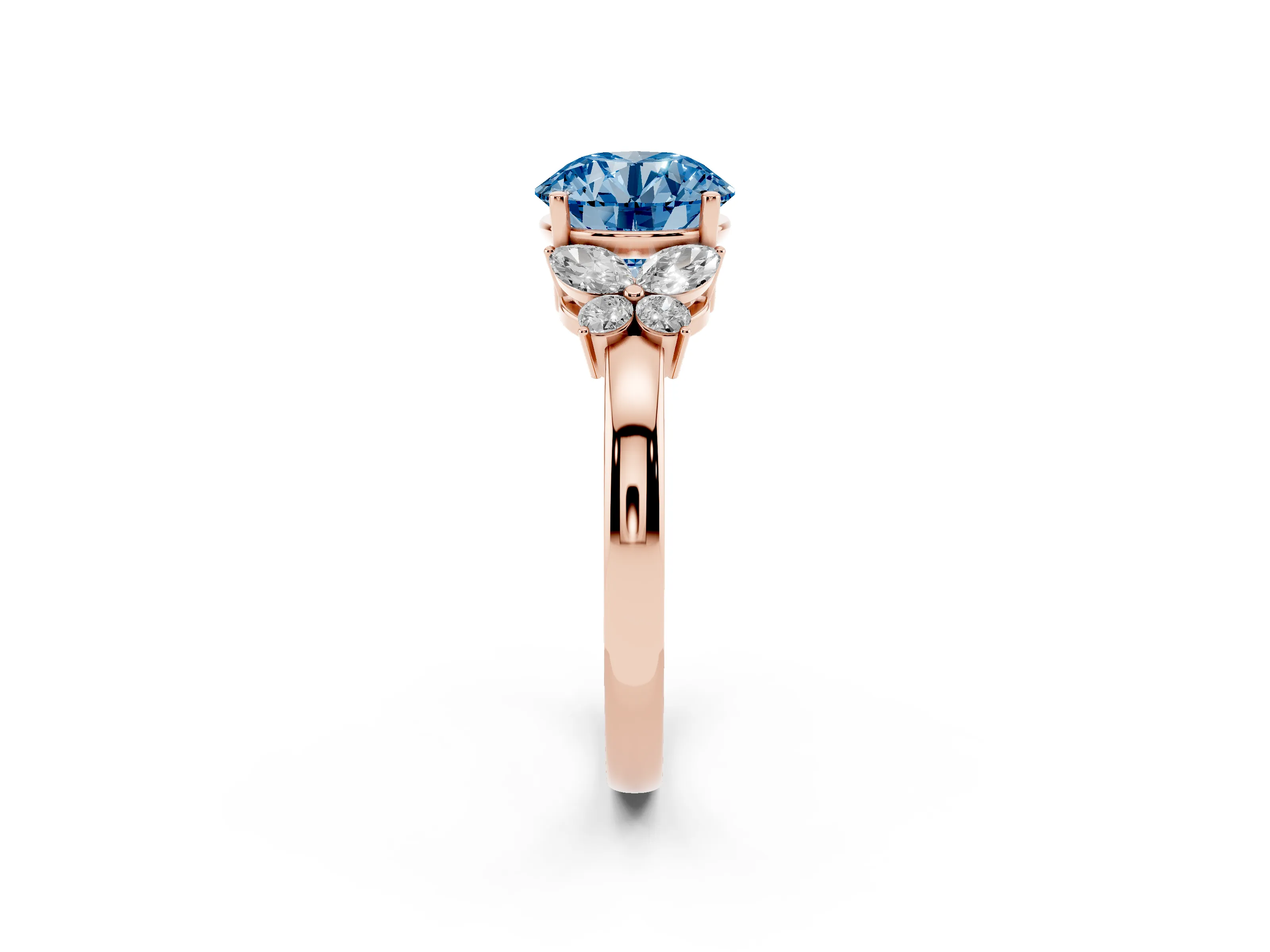 Fancy Blue Round Cut Diamond Solitaire Floral Ring Set in Rose gold with Marquise Petals and Prong Setting