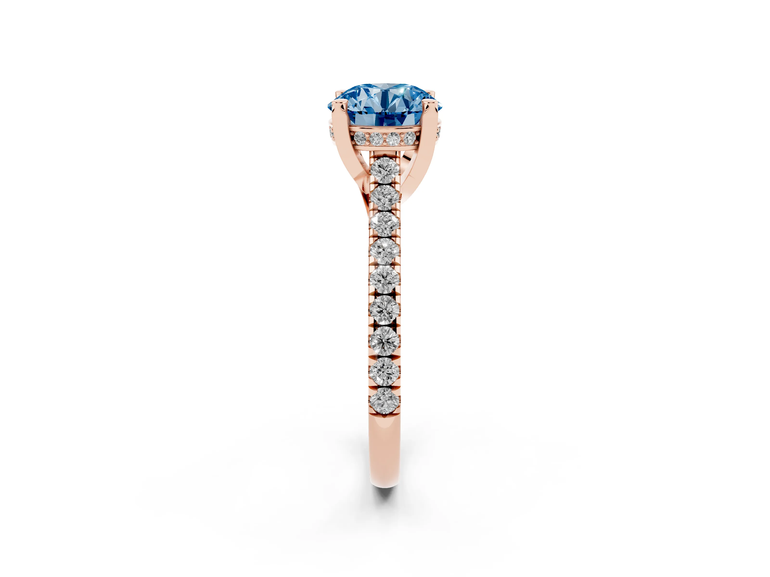 Fancy Blue Round Cut Diamond Solitaire Ring Set in Rose gold with Brilliant Pavé Band and Prong Setting