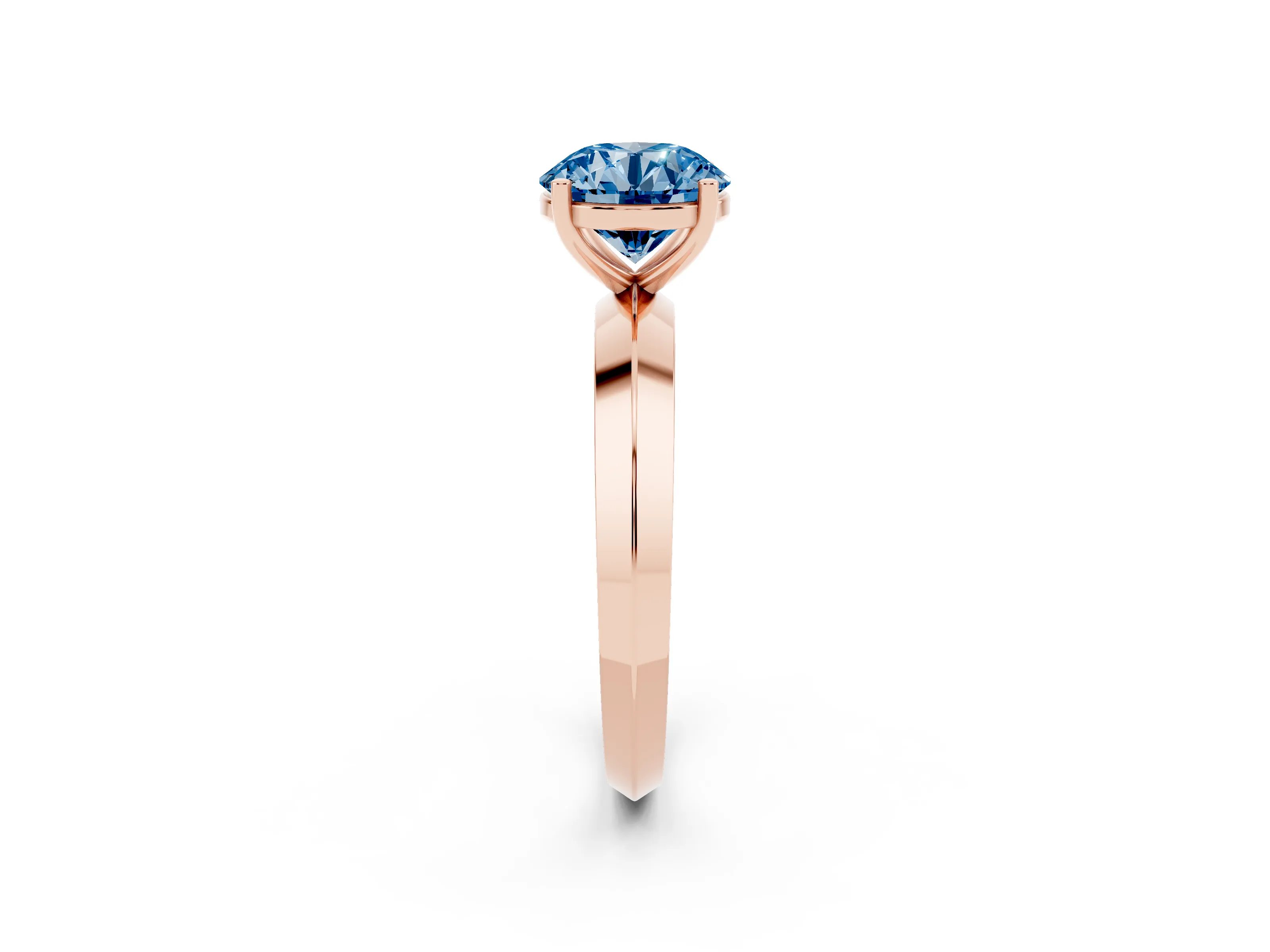 Fancy Blue Round Cut Diamond Solitaire Engagement Ring Set in Rose gold with Flat Band and Prong Setting