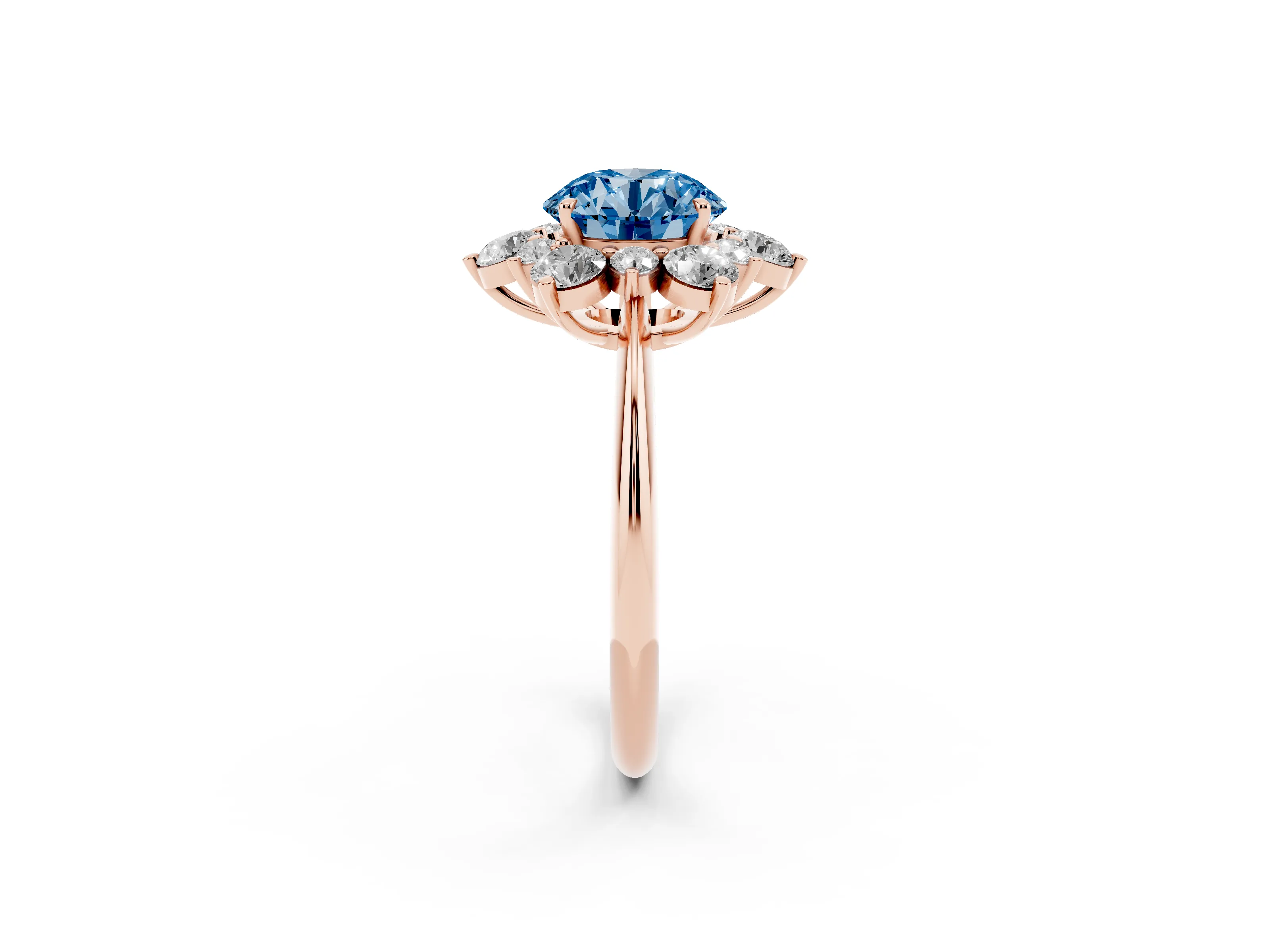 Fancy Blue Round Cut Diamond Cluster Halo Ring Set in Rose gold with Solitaire Band and Prong Setting