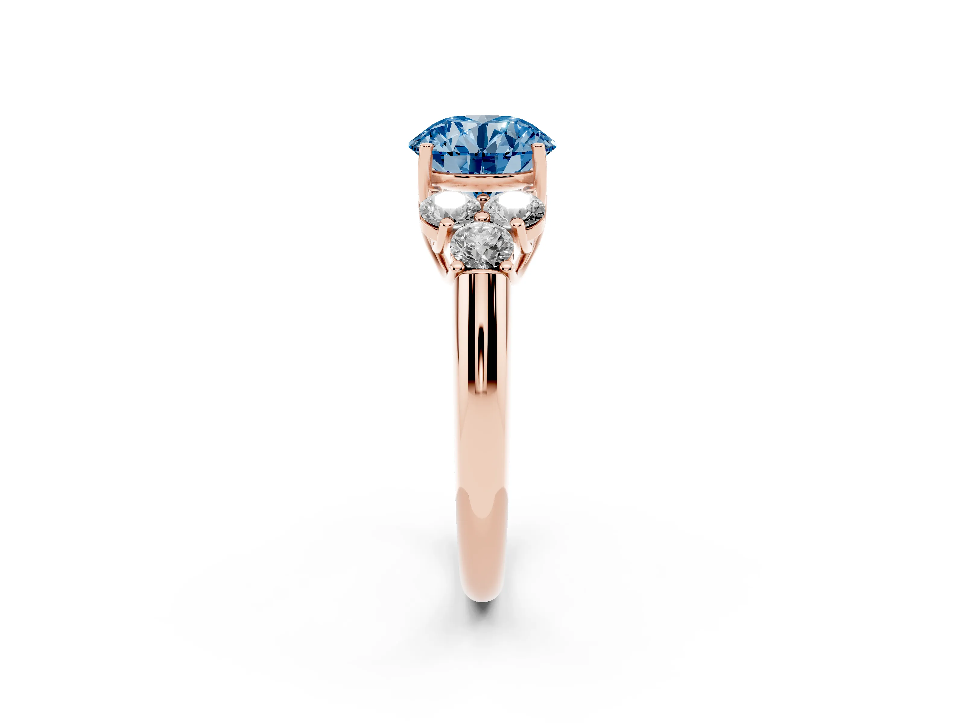 Fancy Blue Round Cut Diamond Cluster Ring Set in Rose gold with Round Accent Stones and Prong Setting on a Plain Band
