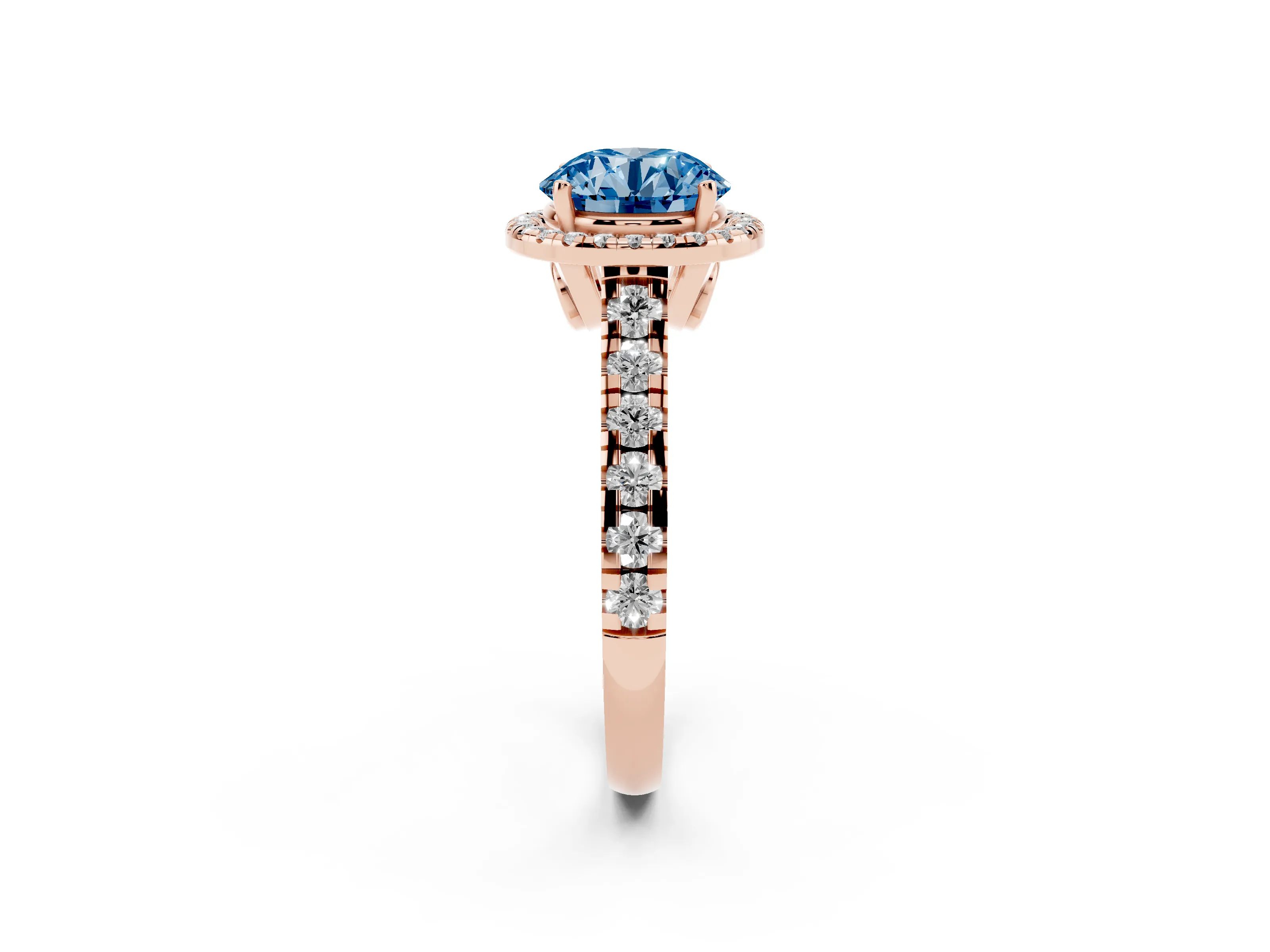 Fancy Blue Round Cut Diamond Halo Engagement Ring Set in Rose gold with Pavé Band and Prong-Set Center