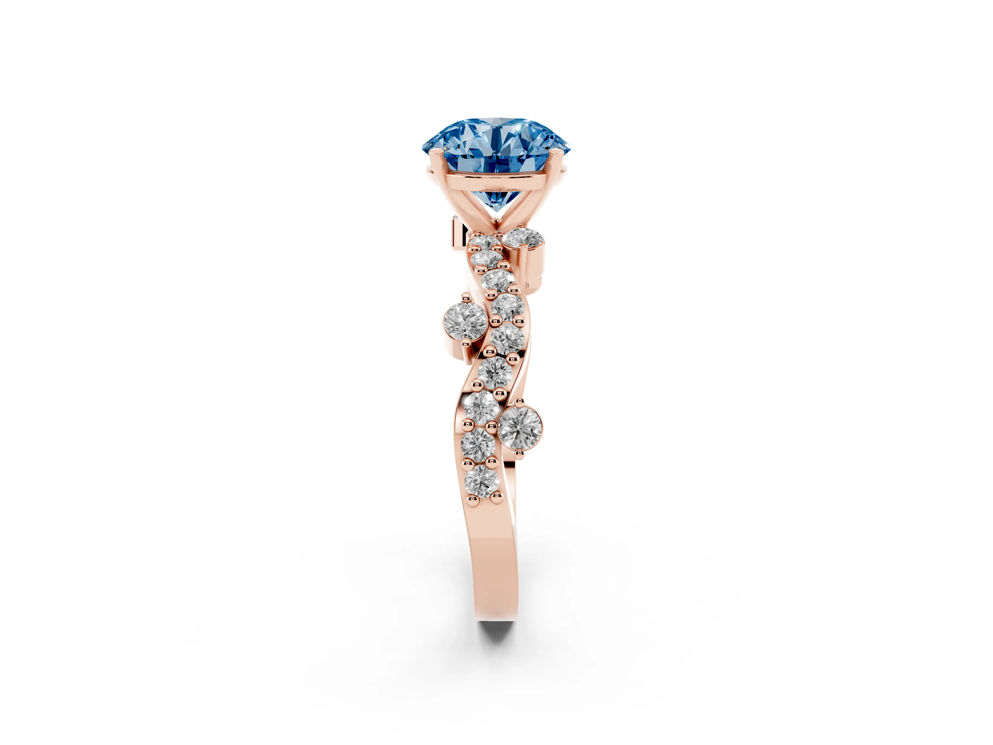 Fancy Blue Round Cut Diamond Solitaire Twisted Band Set in Rose gold with Pavé Setting