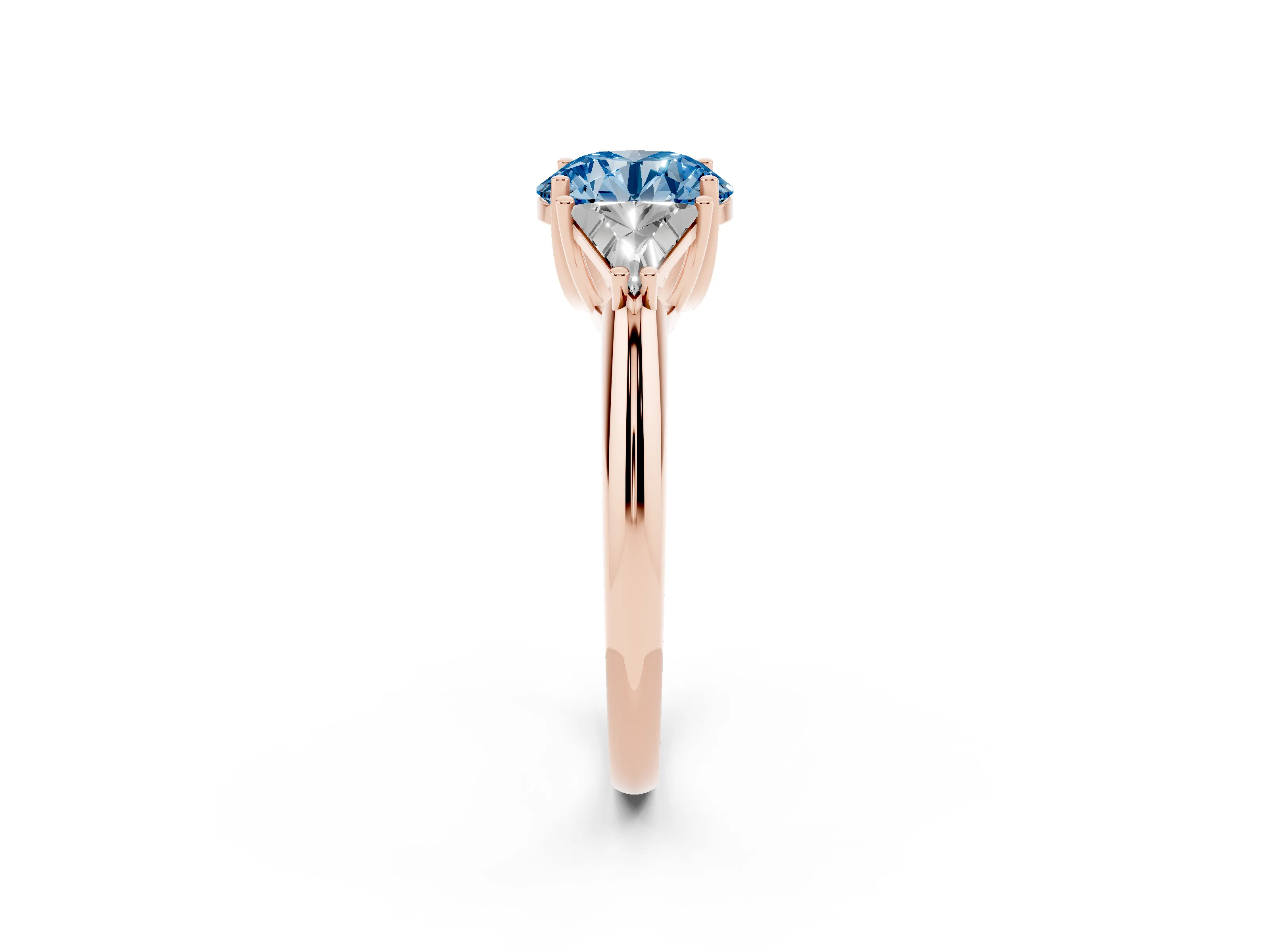 Fancy Blue Round Cut Diamond Three-Stone Engagement Ring Set in Rose gold with Trillion Side Stones