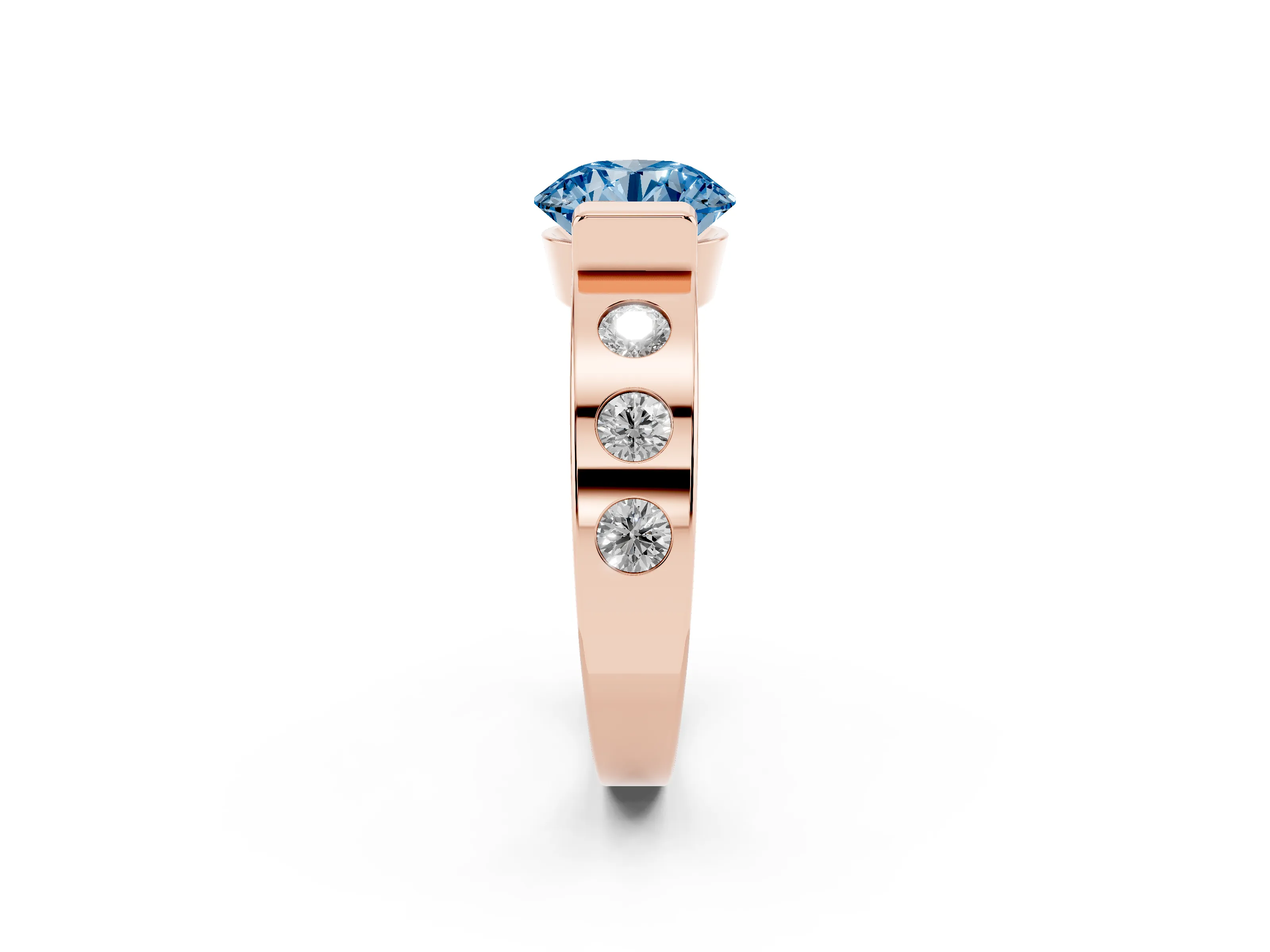 Fancy Blue Round Cut Diamond Channel-Set Band Ring Set in Rose gold with Bezel Prong Setting
