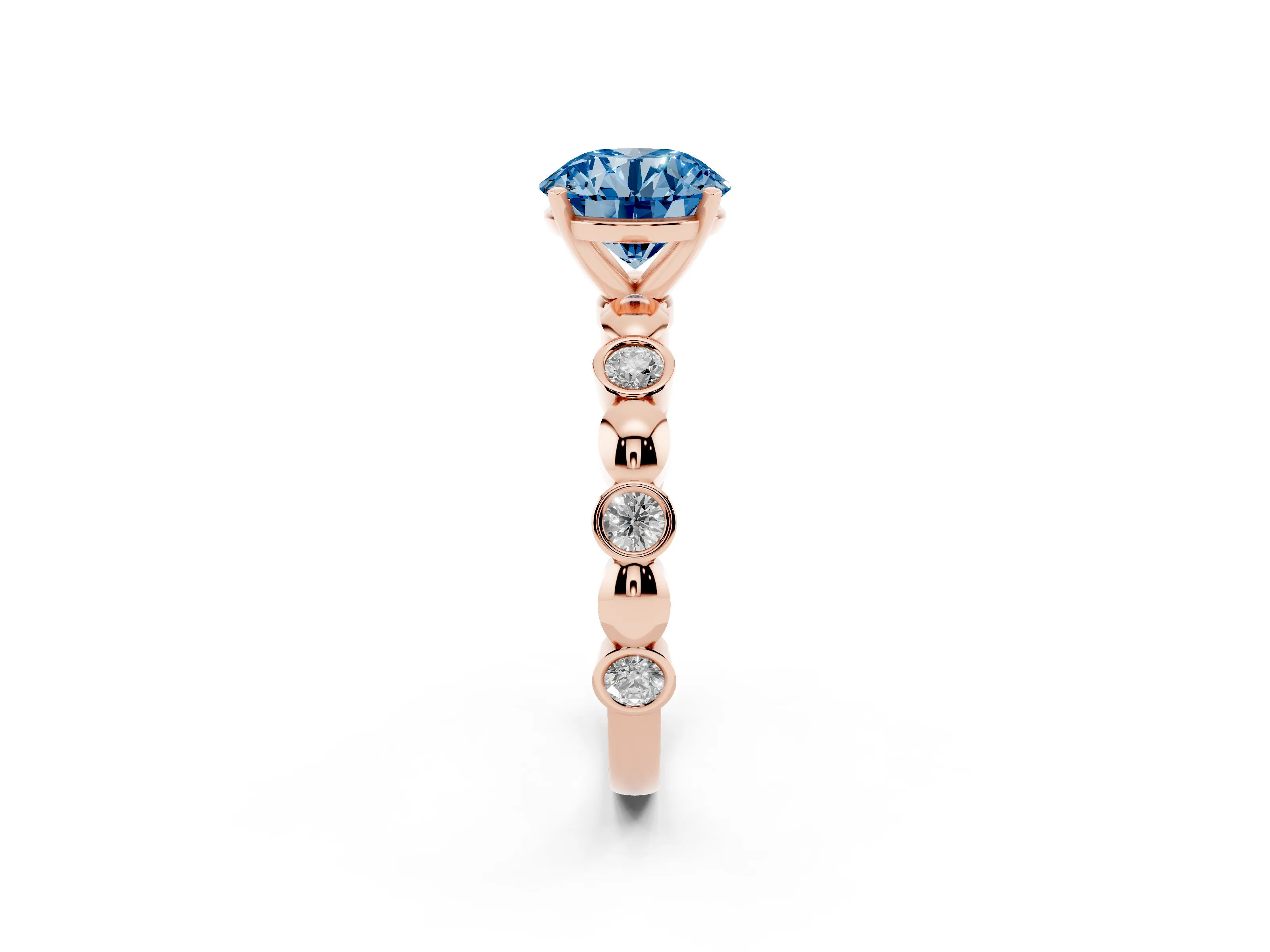 Fancy Blue Round Cut Diamond Solitaire Ring Set in Rose gold with Bezel-Set Accents on Beaded Band and Prong Setting