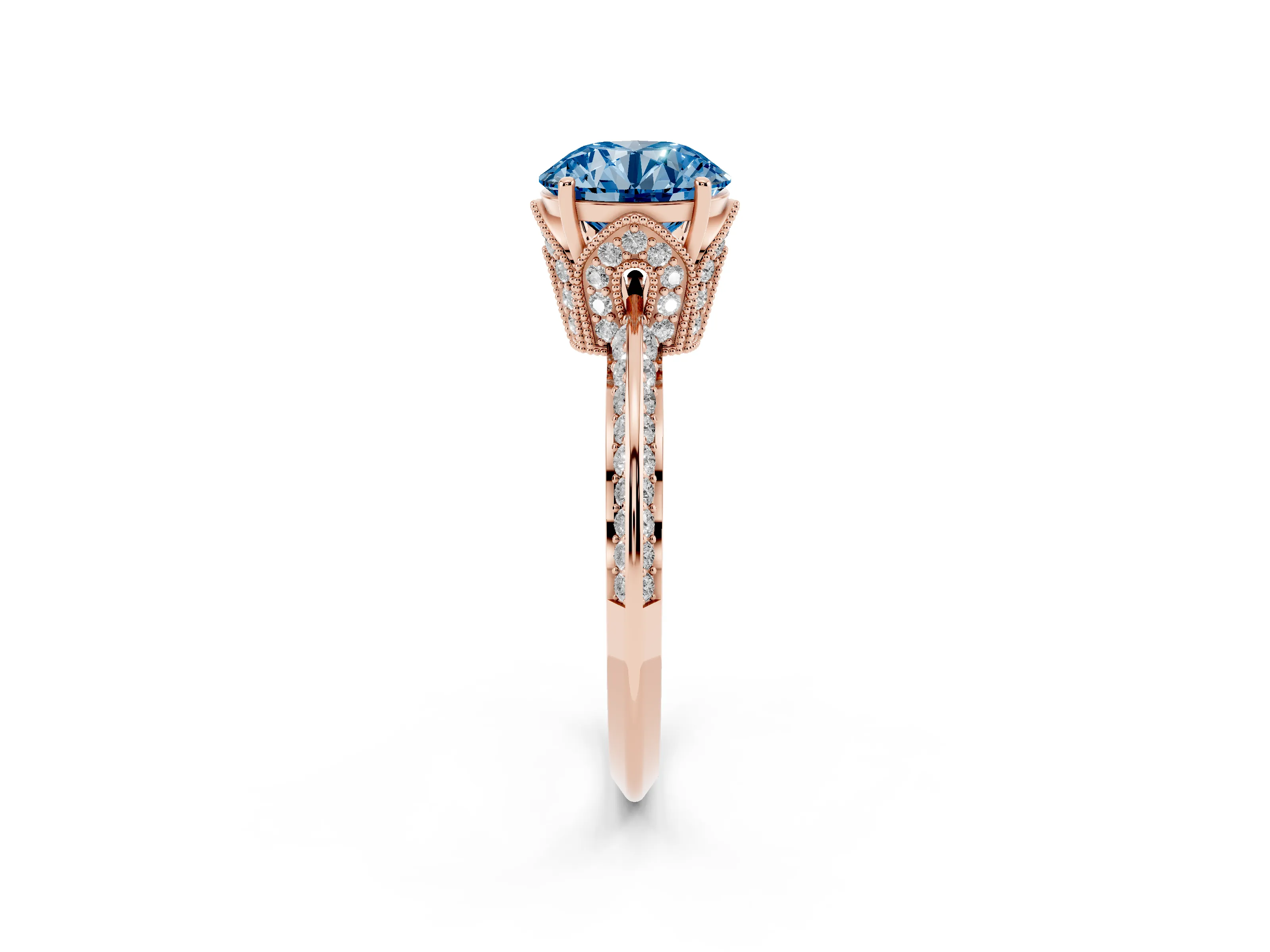 Fancy Blue Round Cut Diamond Solitaire Engagement Ring Set in Rose gold with Pavé Split Shank and Prong Setting