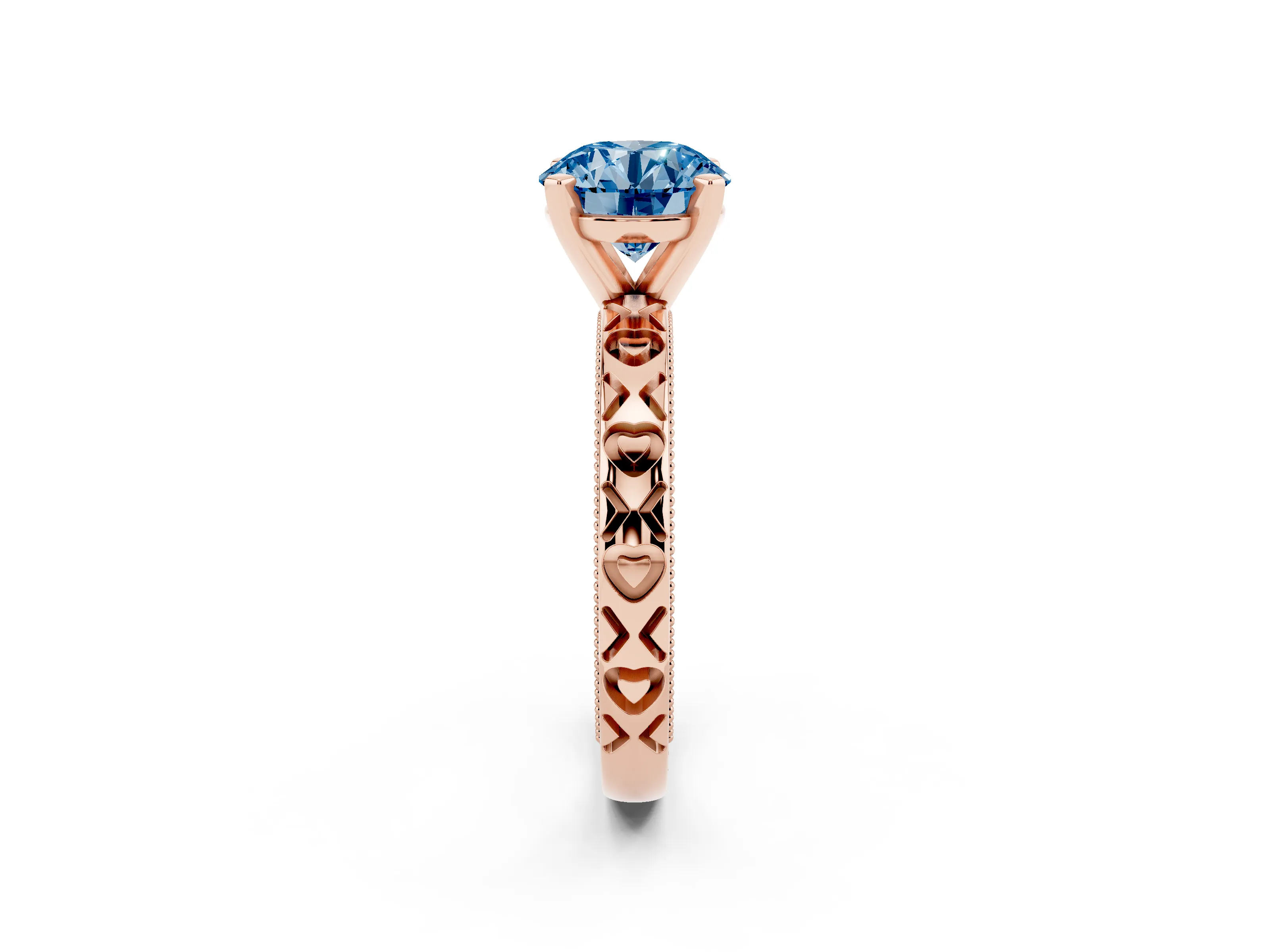 Fancy Blue Round Cut Diamond Solitaire Engagement Ring Set in Rose gold with XO Engraved Band and Prong Setting