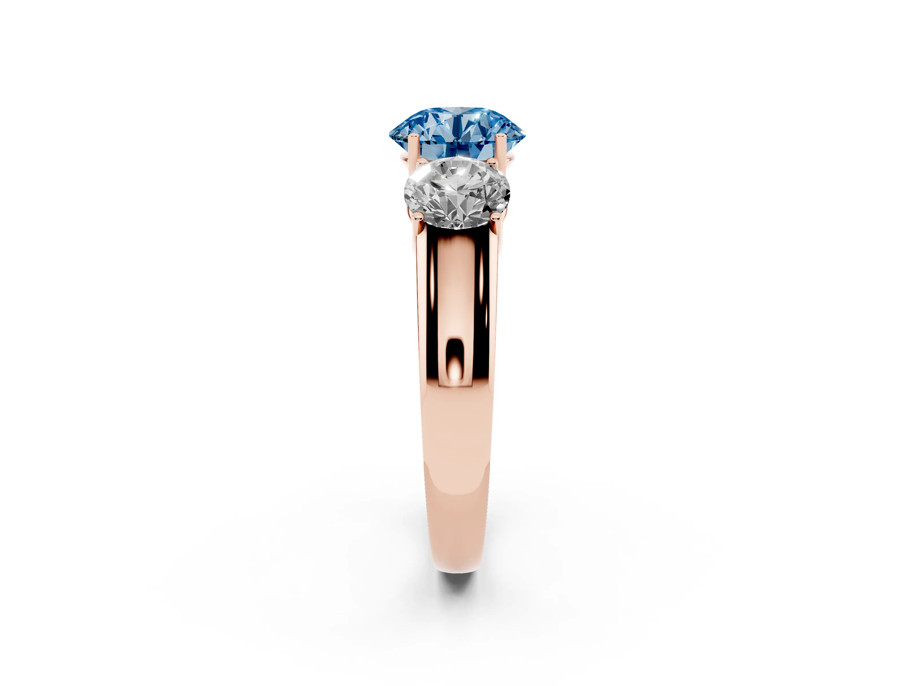 Fancy Blue Three-Stone Round Cut Diamond Ring Set in Rose gold with Matching Prong Settings and Plain Band