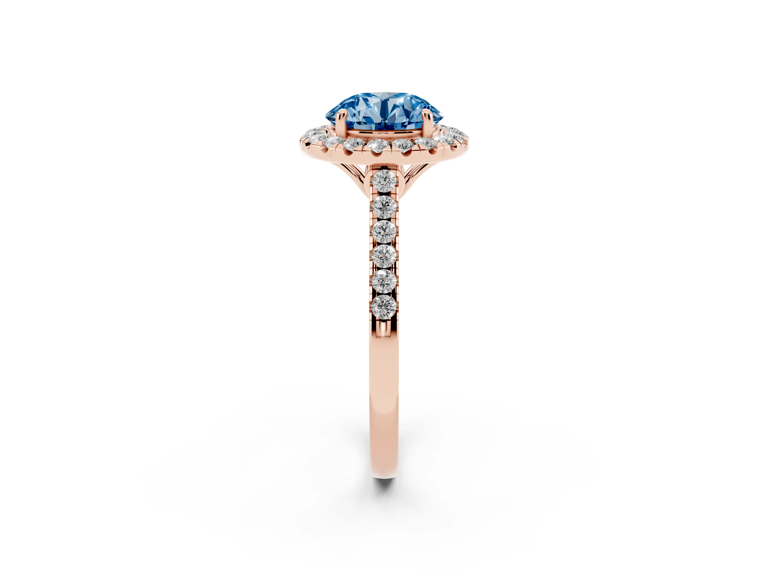 Fancy Blue Round Cut Diamond Pavé Halo Engagement Ring Set in Rose gold with Pavé Band and Prong Setting