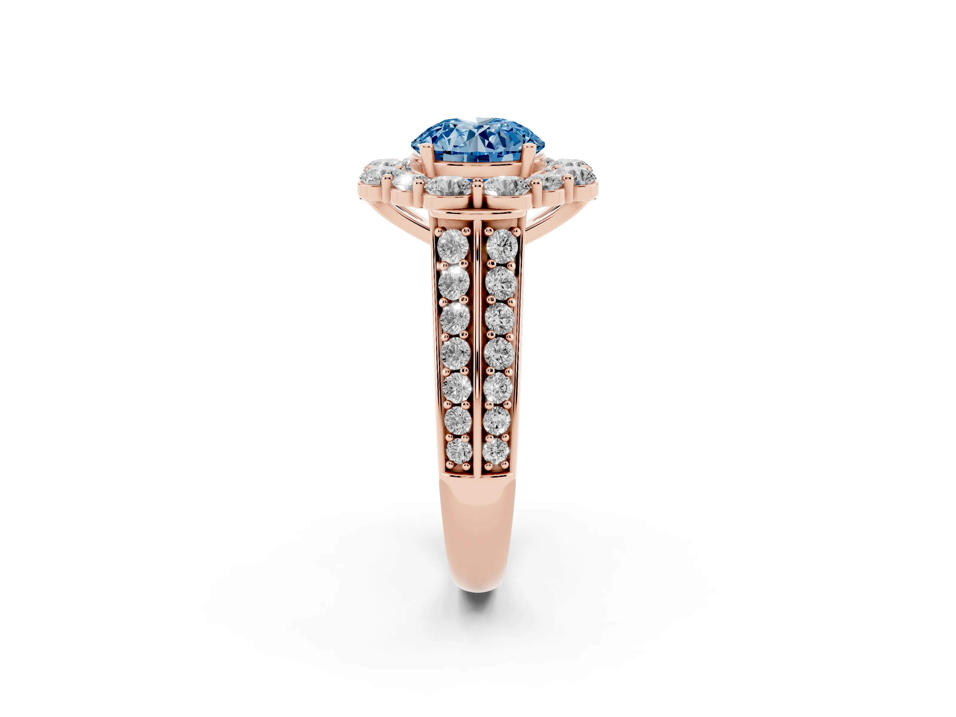 Fancy Blue Round Cut Diamond Halo Engagement Ring Set in Rose gold with Split Shank and Prong Setting