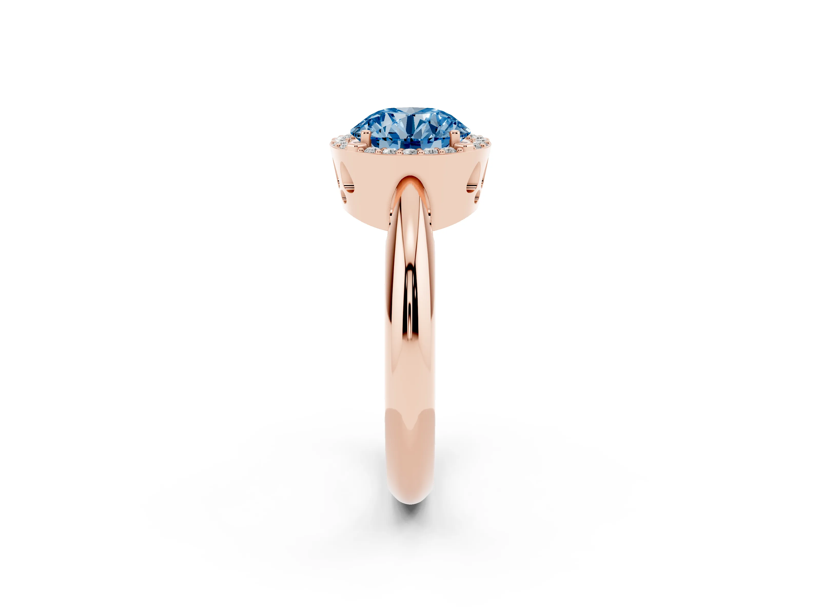 Fancy Blue Round Cut Diamond Halo Engagement Ring Set in Rose gold with Plain Split Shank and Prong Setting