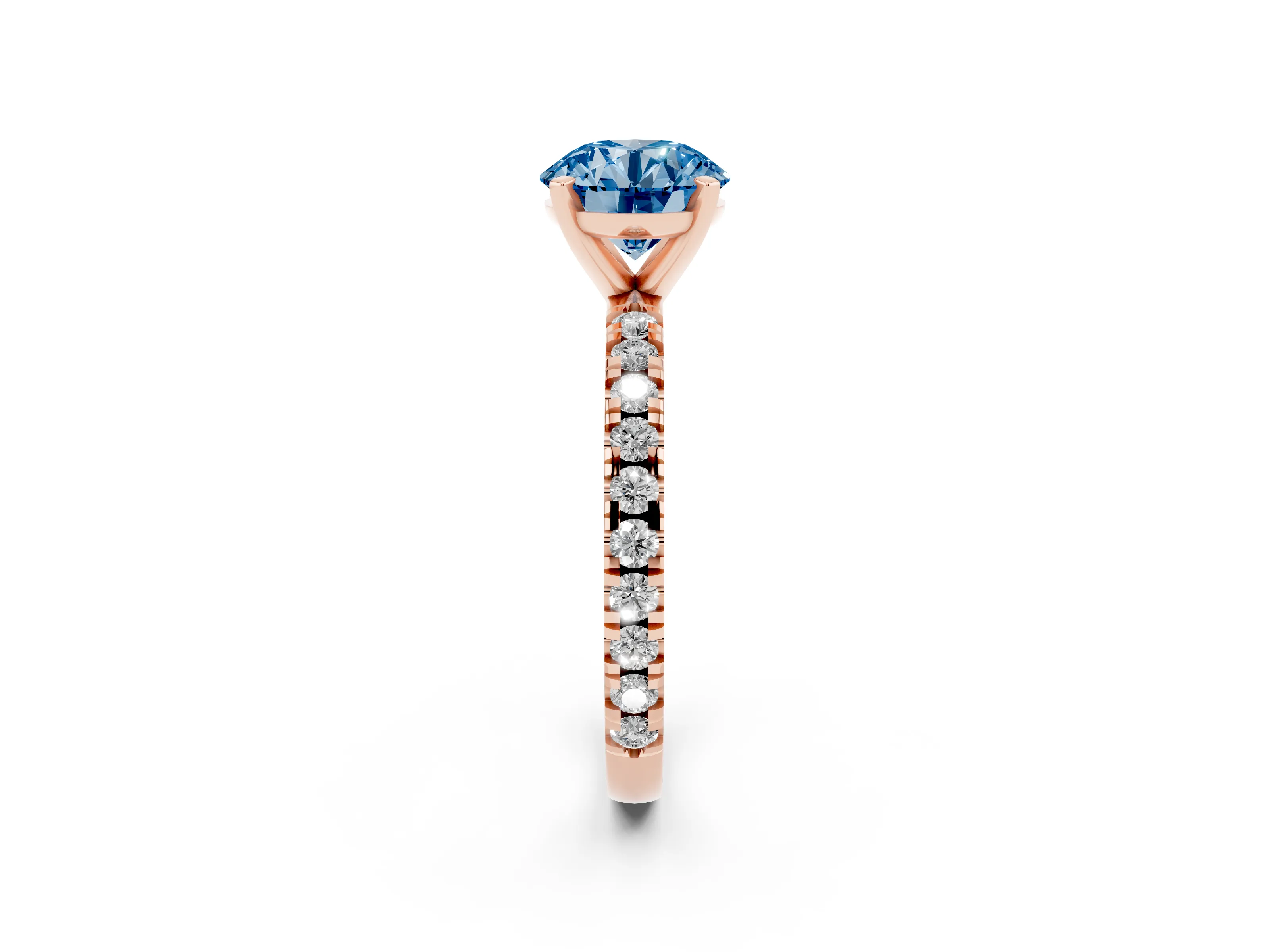 Fancy Blue Round Cut Diamond Pavé Band Solitaire Set in Rose gold with Prong Setting