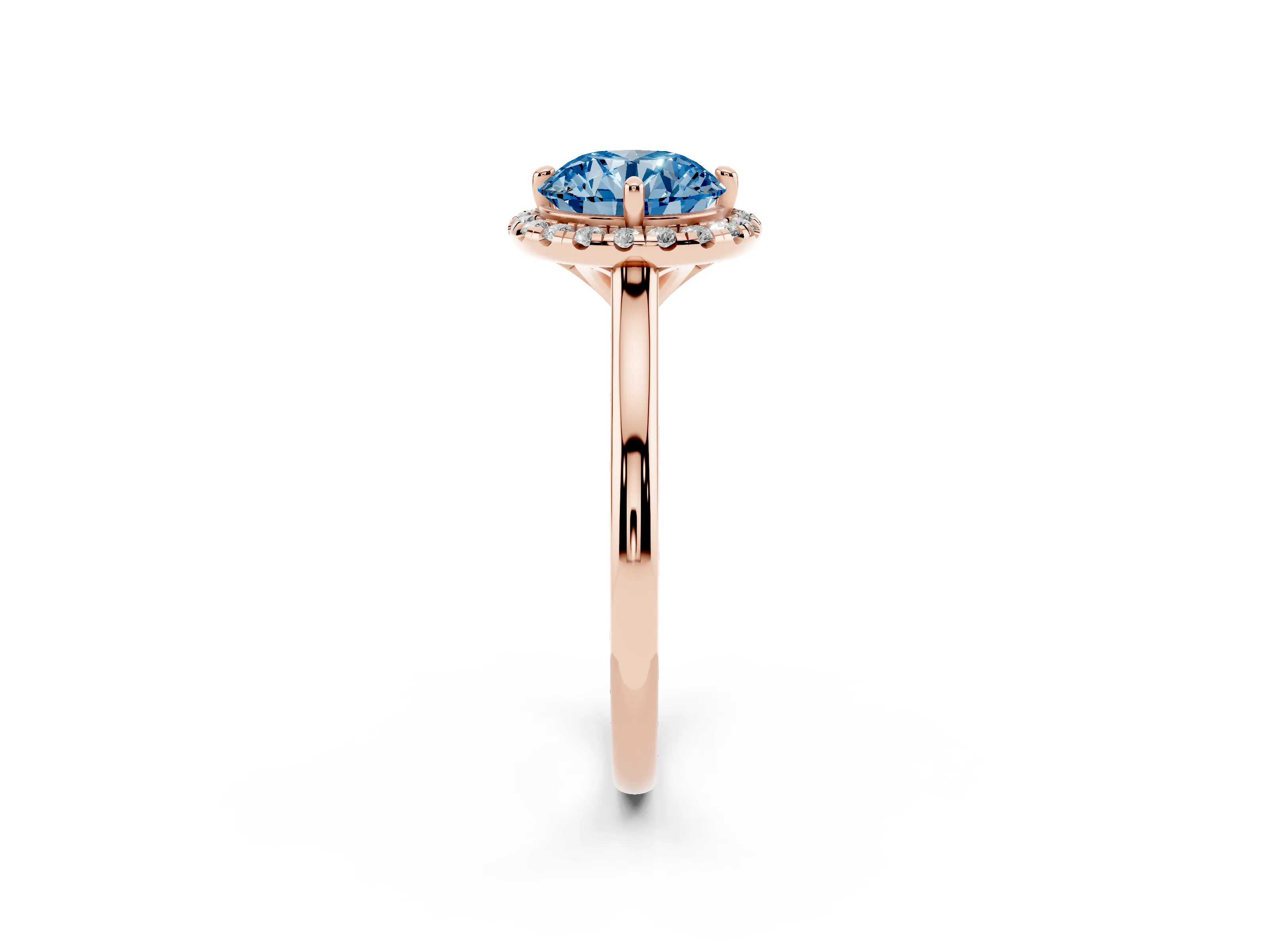 Fancy Blue Round Cut Diamond Halo Engagement Ring Set in Rose gold with Pavé Band and Rising Shoulders