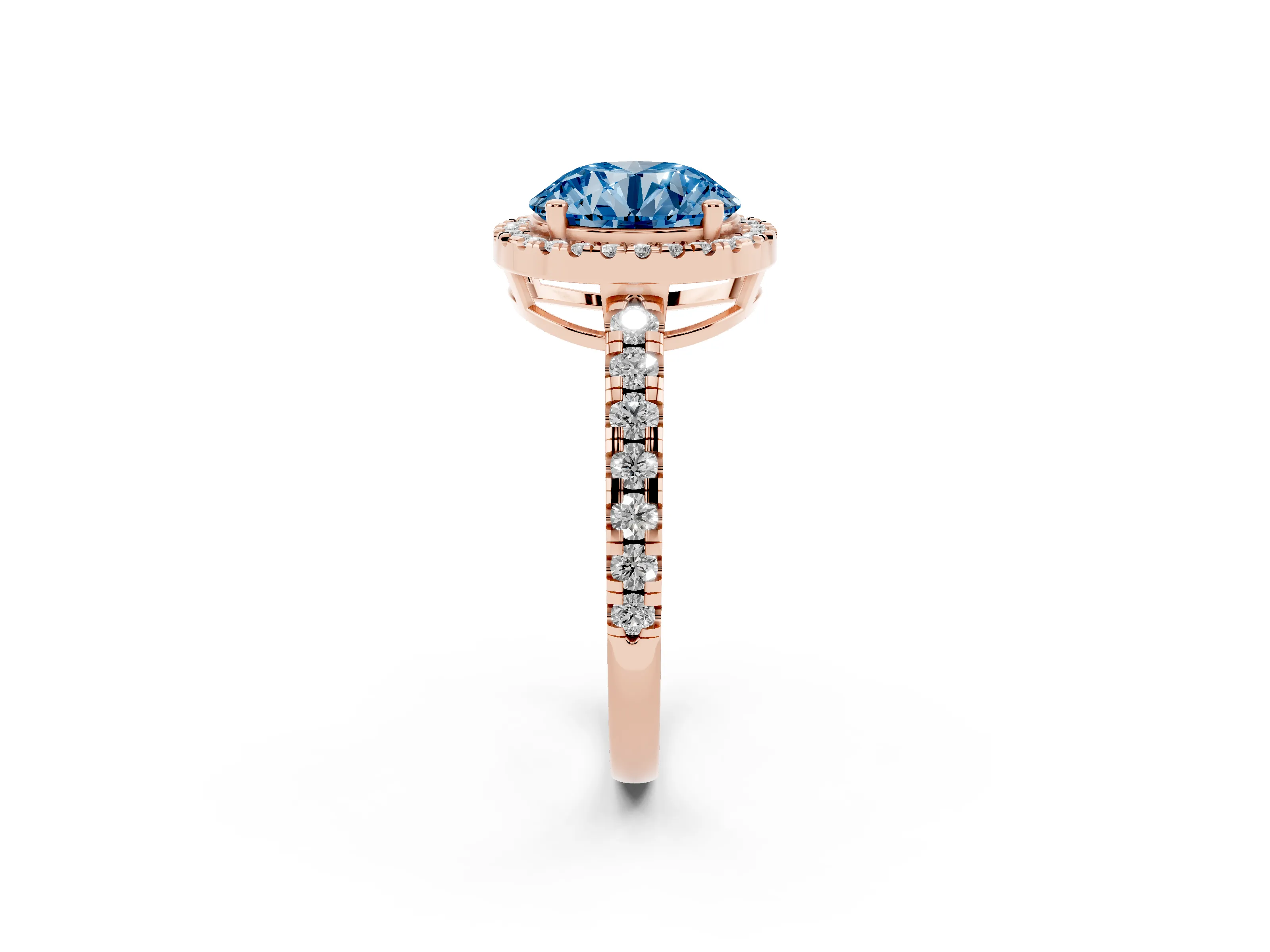 Fancy Blue Round Cut Diamond Halo Ring Set in Rose gold with Delicate Pavé Band and Prong Setting