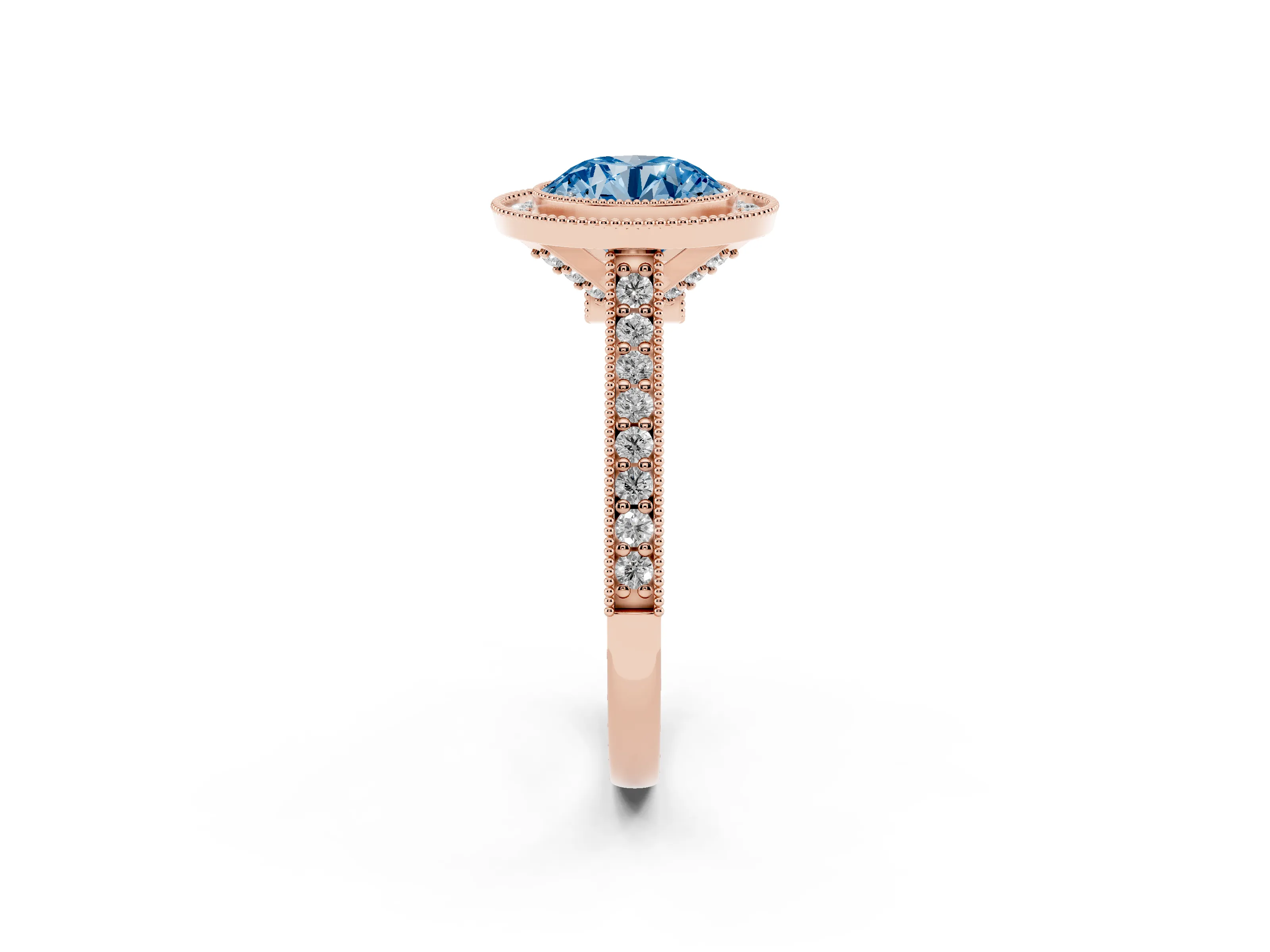 Fancy Blue Round Cut Diamond Halo Milgrain Pavé Band Ring Set in Rose gold with Prong Setting