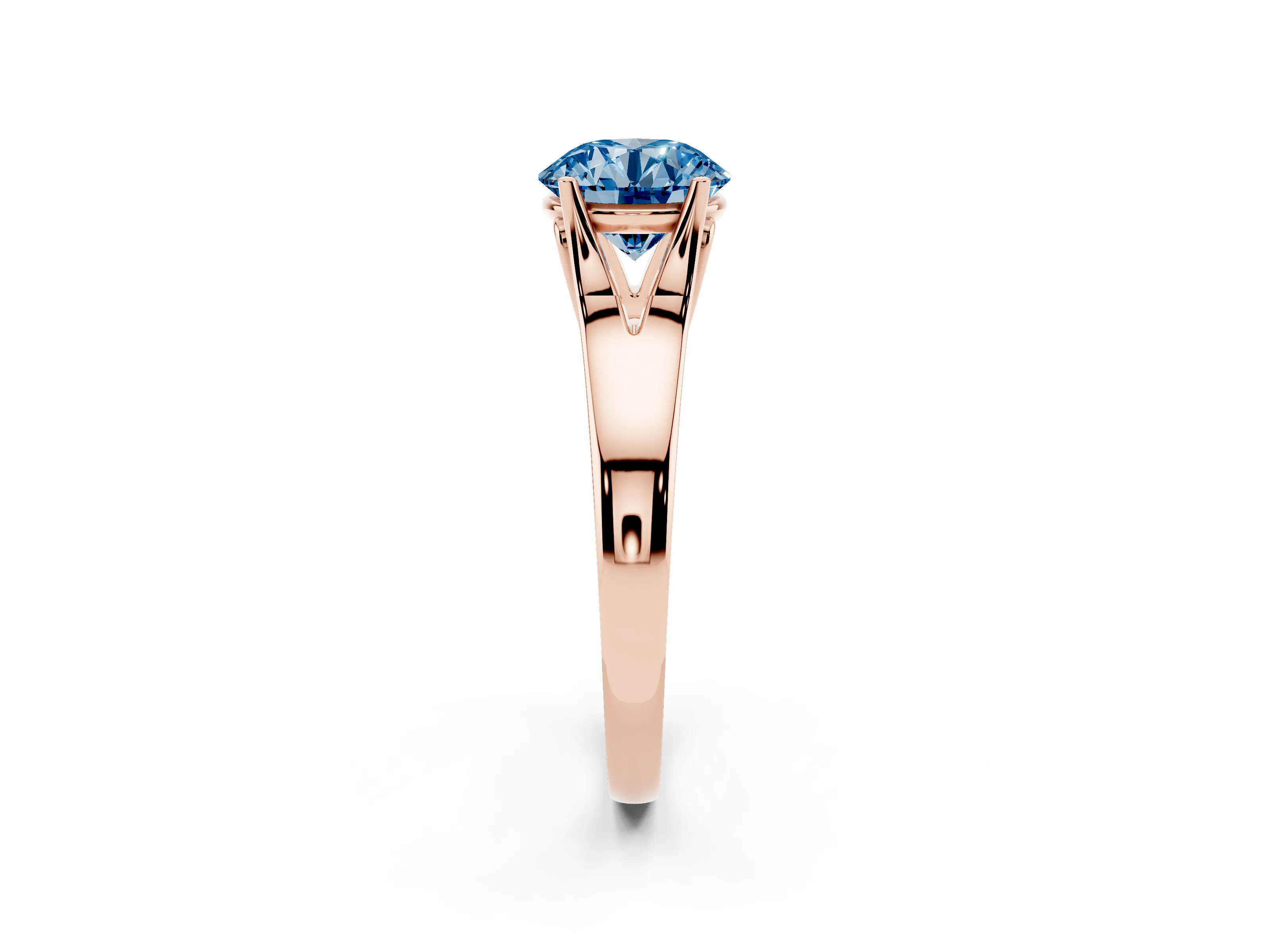 Fancy Blue Round Cut Diamond Solitaire Ring Set in Rose gold with Arched Cathedral Band and Prong Setting