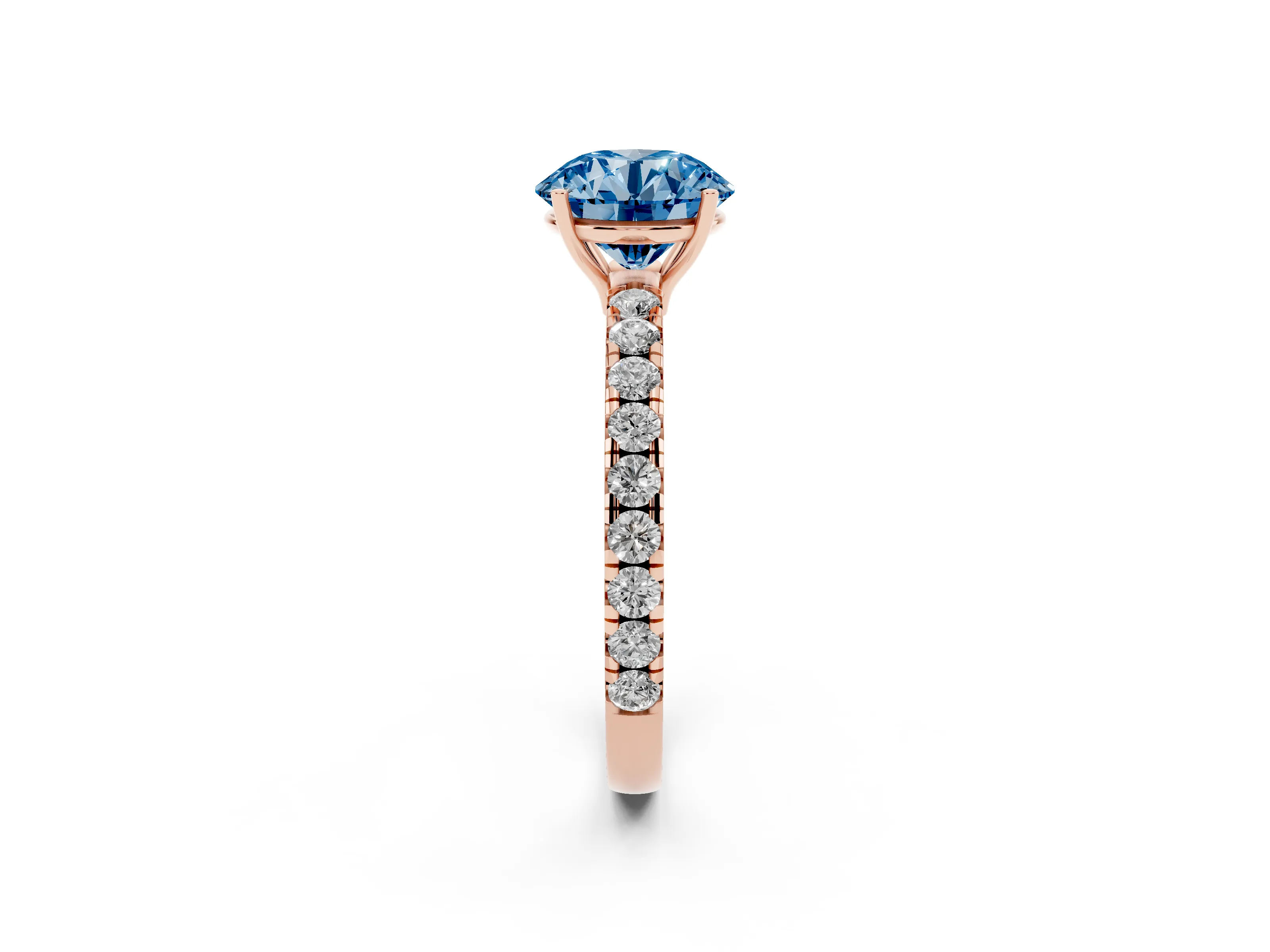 Fancy Blue Round Cut Diamond Pavé Solitaire Engagement Ring Set in Rose gold with Prong Setting