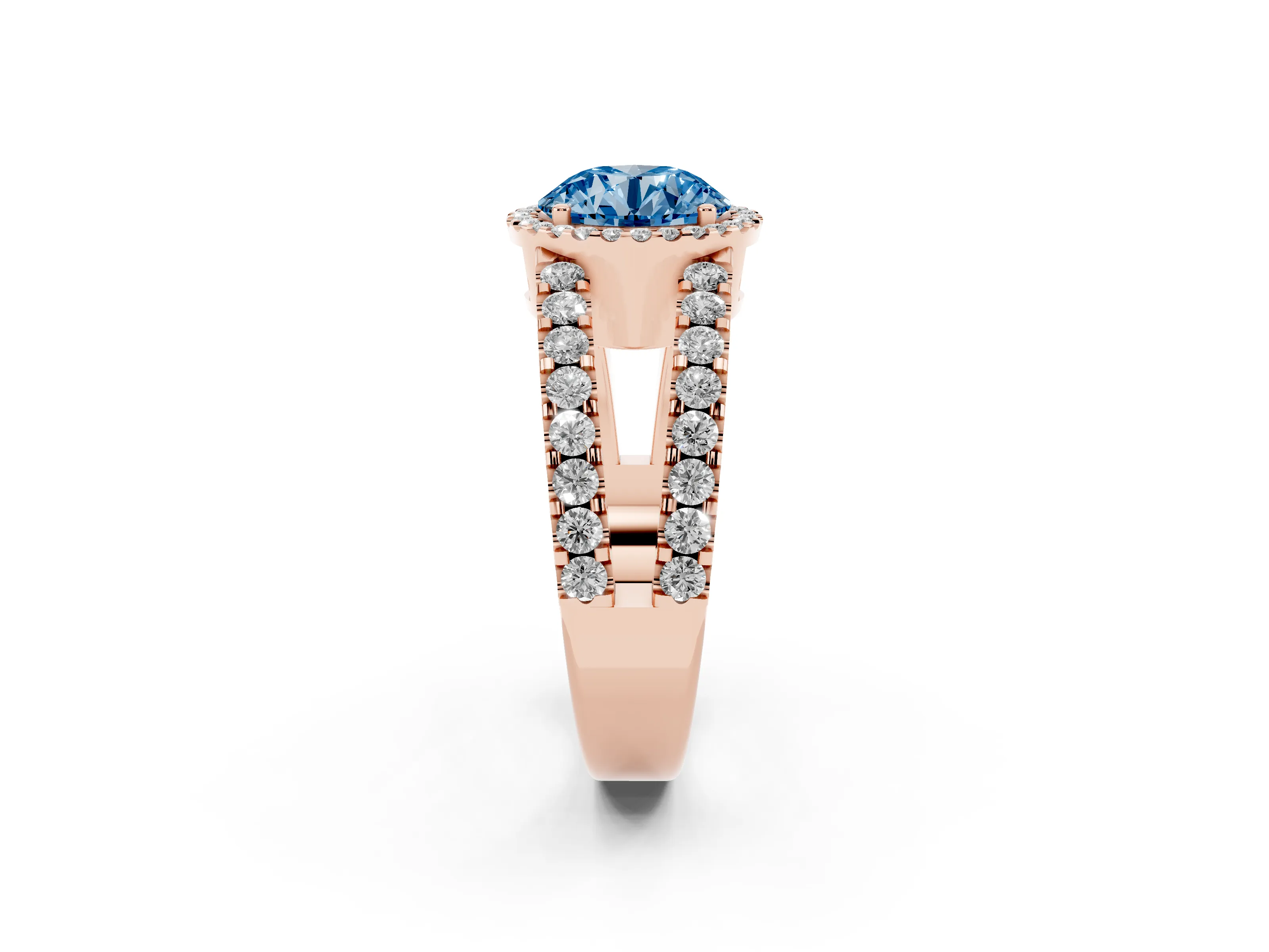Fancy Blue Round Cut Diamond Halo Ring Set in Rose gold with Pavé Split Shank and Prong Setting