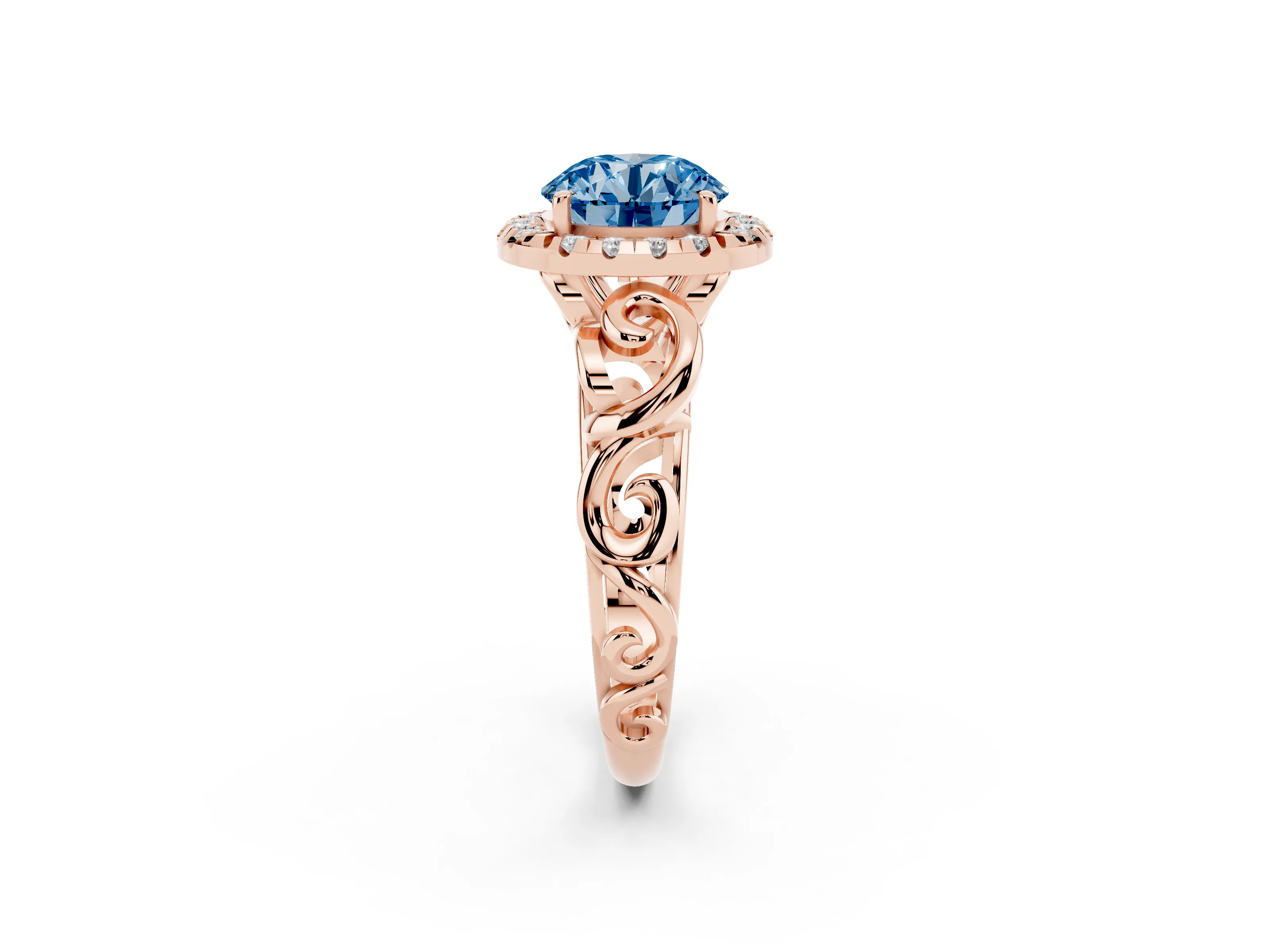 Fancy Blue Round Cut Diamond Halo Ring Set in Rose gold with Scrollwork Band and Prong Setting