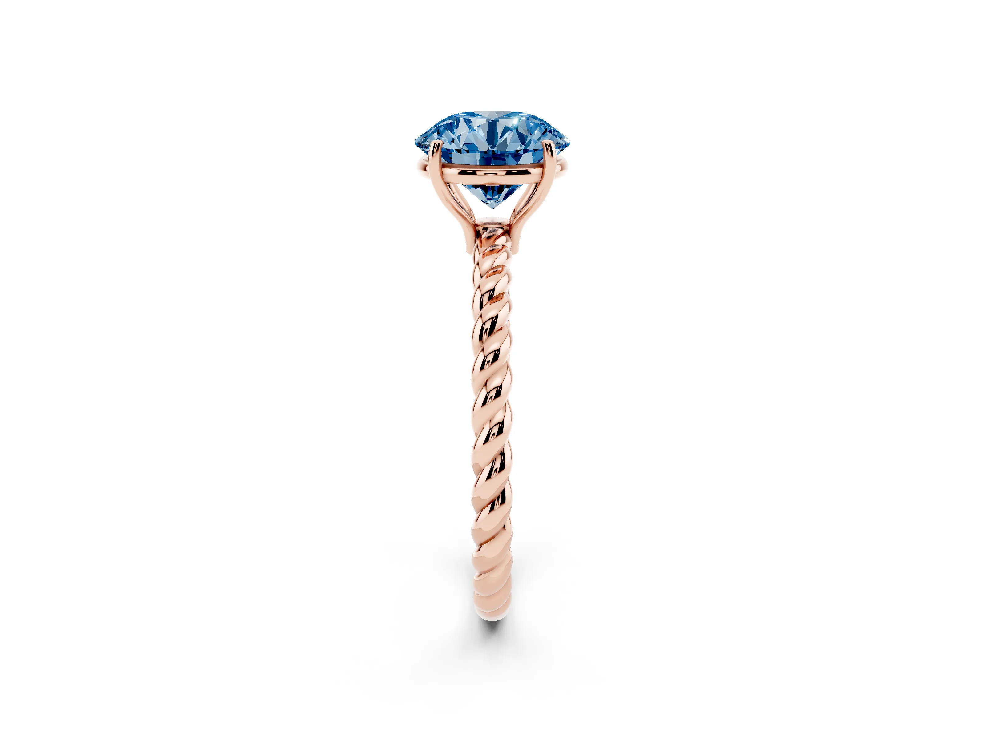 Fancy Blue Round Cut Diamond Solitaire Ring Set in Rose gold with Twist Band and Prong Setting