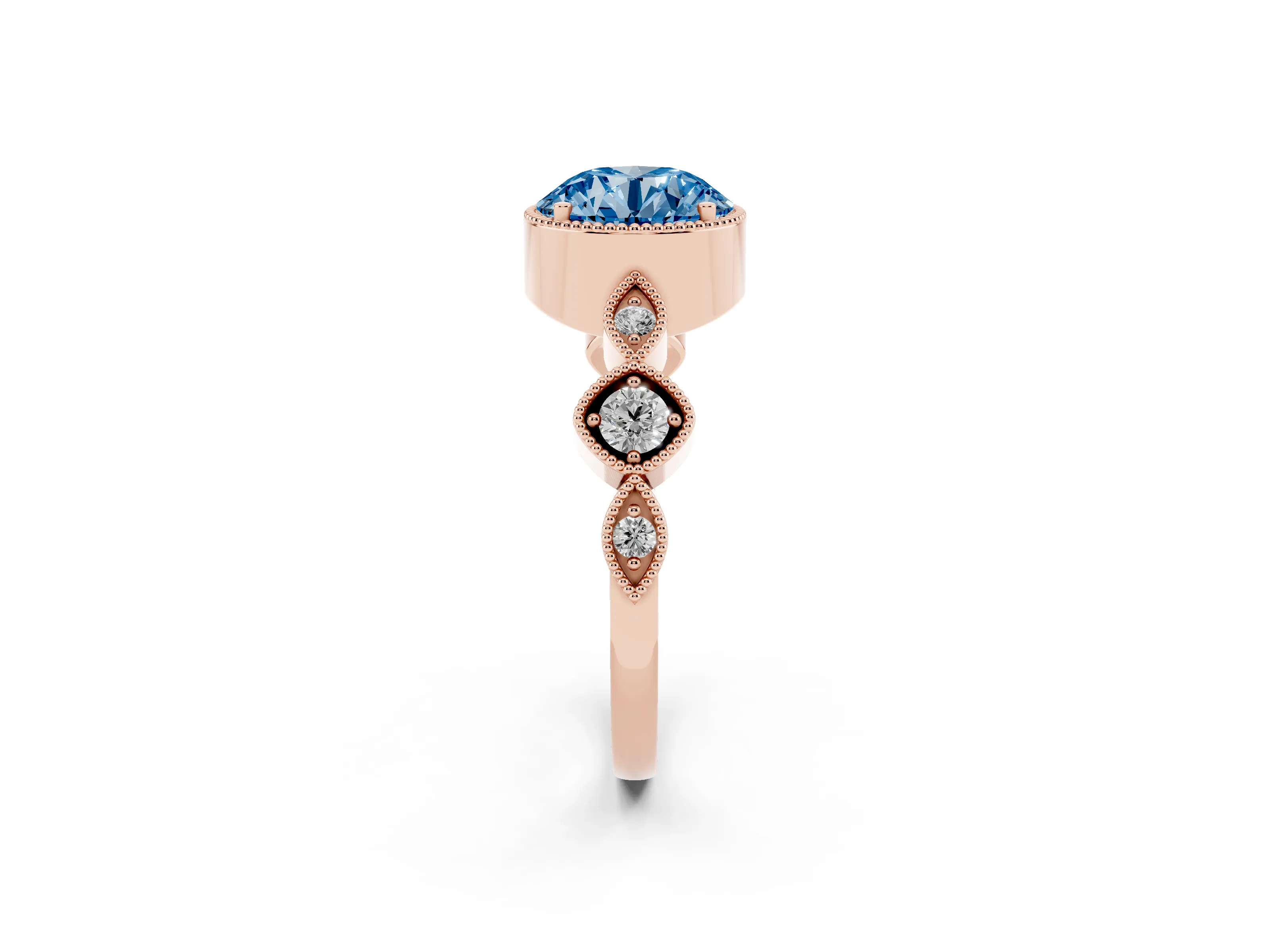 Fancy Blue Round Cut Diamond Vintage-Inspired Milgrain Ring Set in Rose gold with Marquise Stations of Round Accents