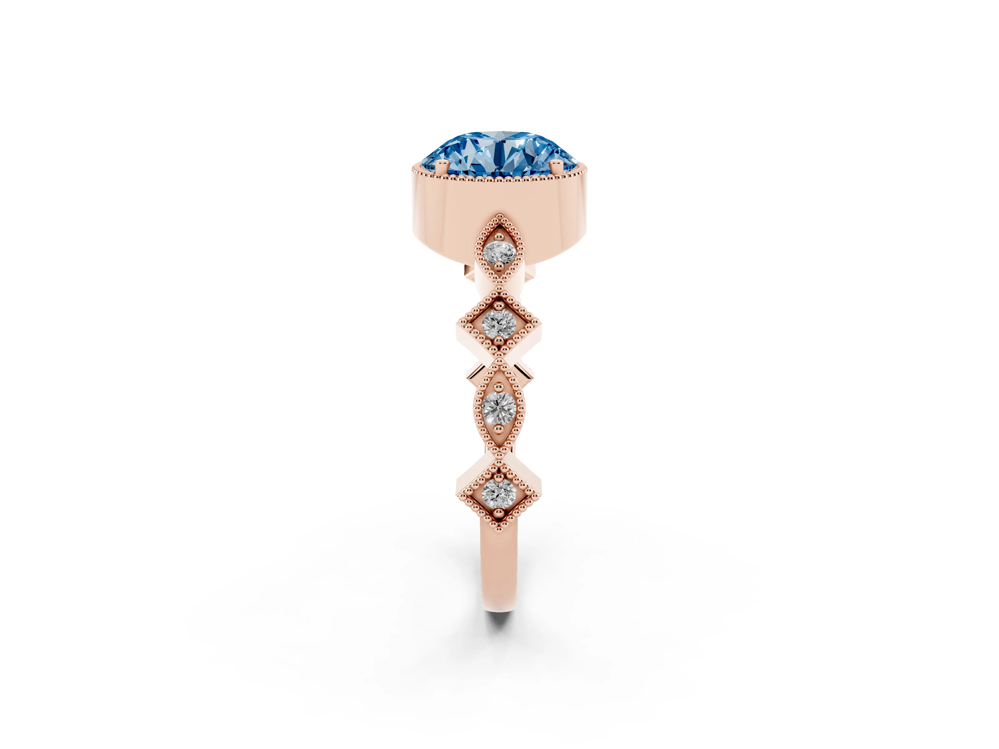 Fancy Blue Round Cut Diamond Milgrain Marquise Twist Band Ring Set in Rose gold with Prong Setting