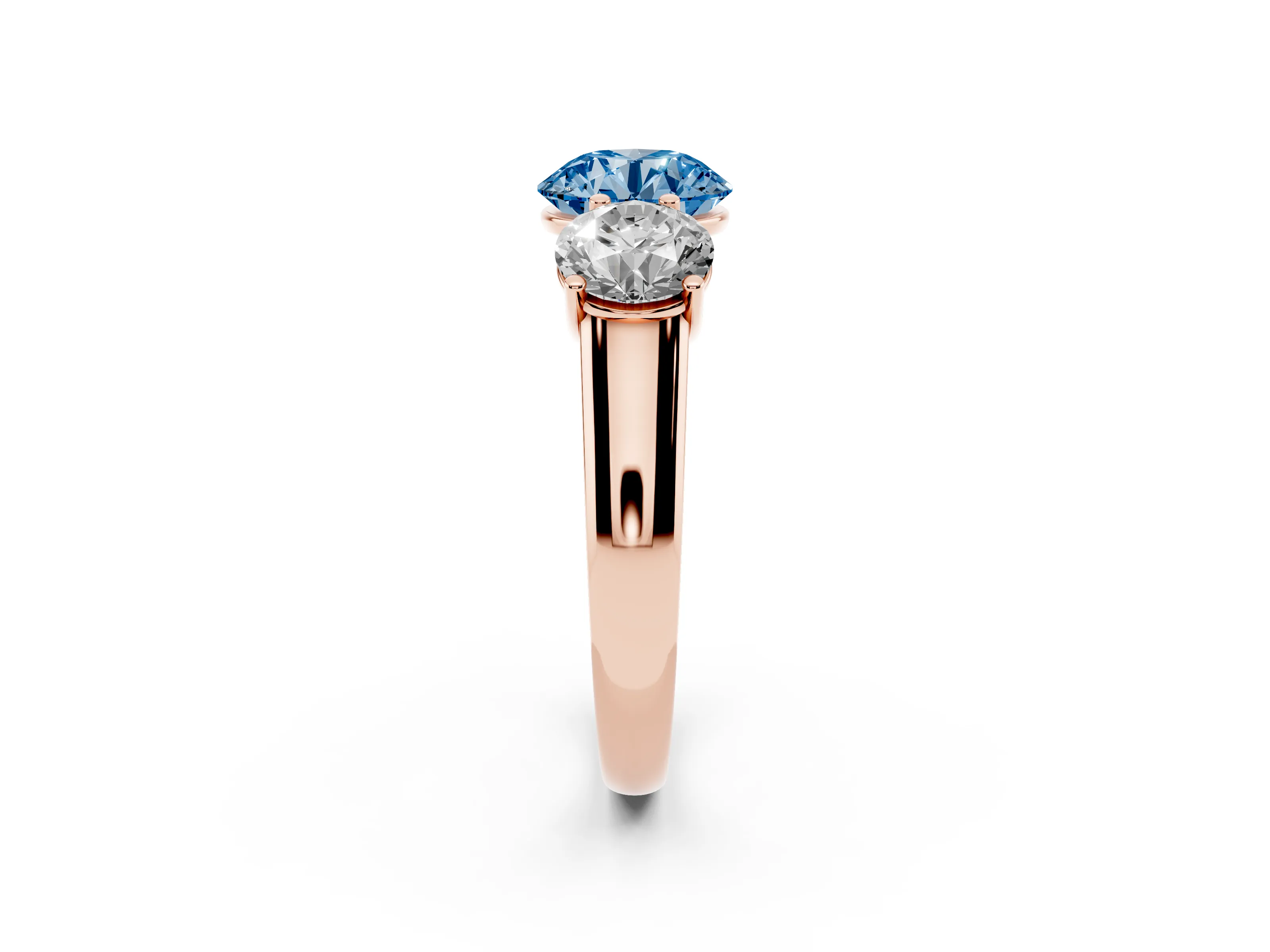 Fancy Blue Round Cut Diamond Three-Stone Ring Set in Rose gold with Plain Polished Band