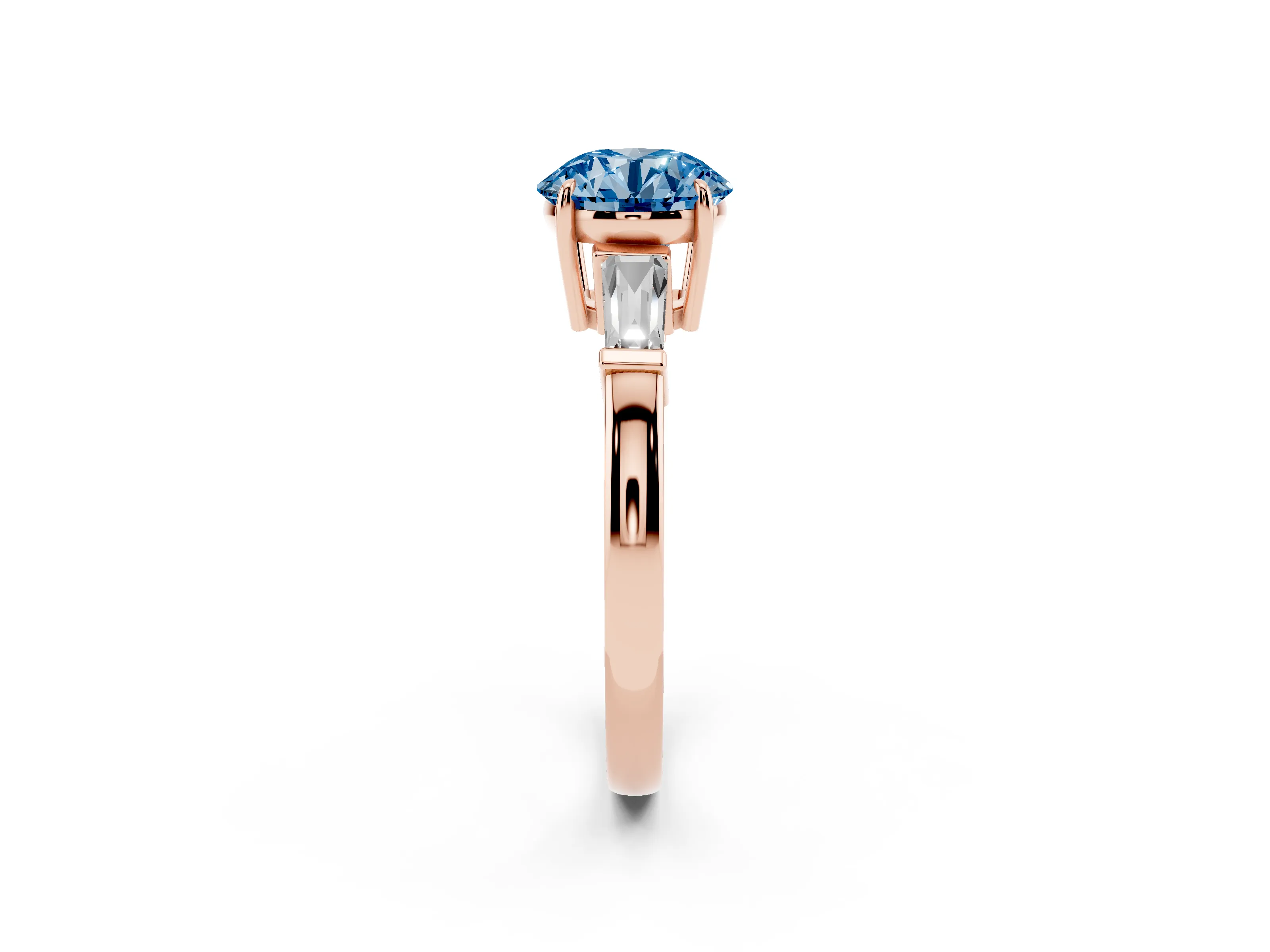 Fancy Blue Round Cut Diamond Three-Stone Ring Set in Rose gold with Tapered Baguette Side Stones and Prong Setting