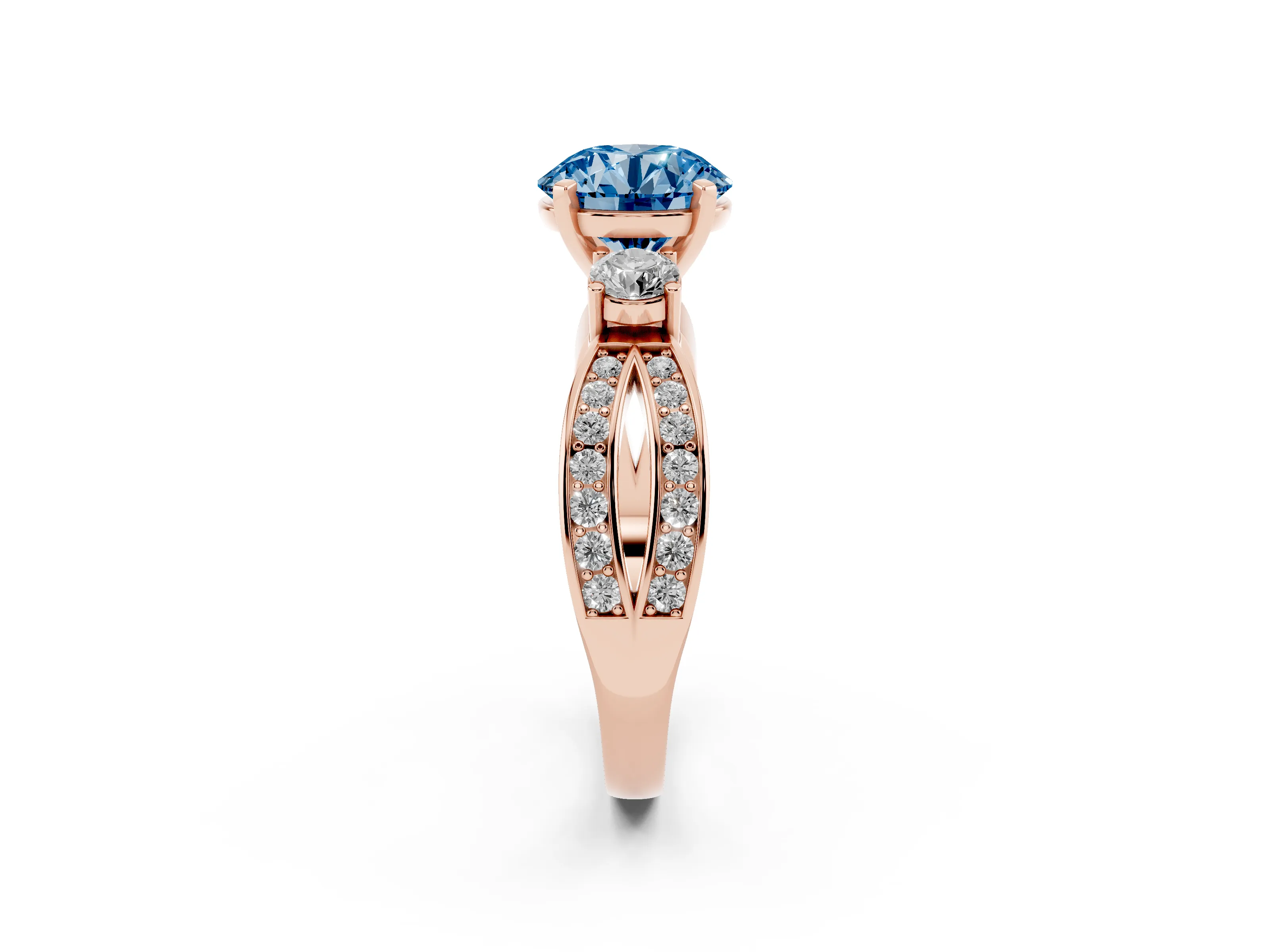 Fancy Blue Three-Stone Round Cut Diamond Twist Band Ring Set in Rose gold with Pavé Accents and Prong Setting