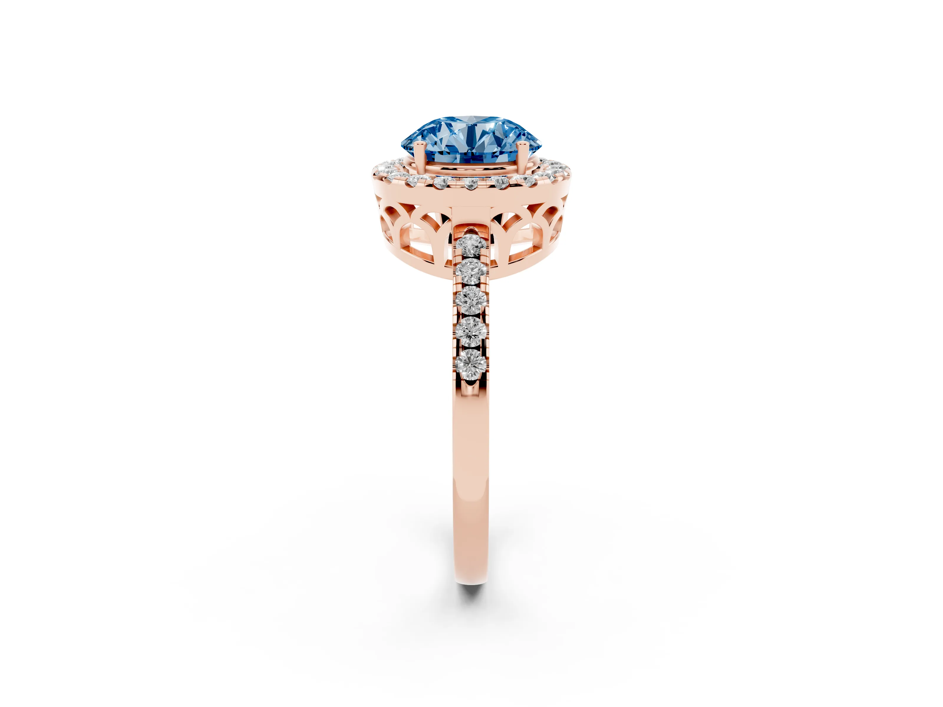 Fancy Blue Round Cut Diamond Pavé Band Halo Engagement Ring Set in Rose gold with Prong Setting