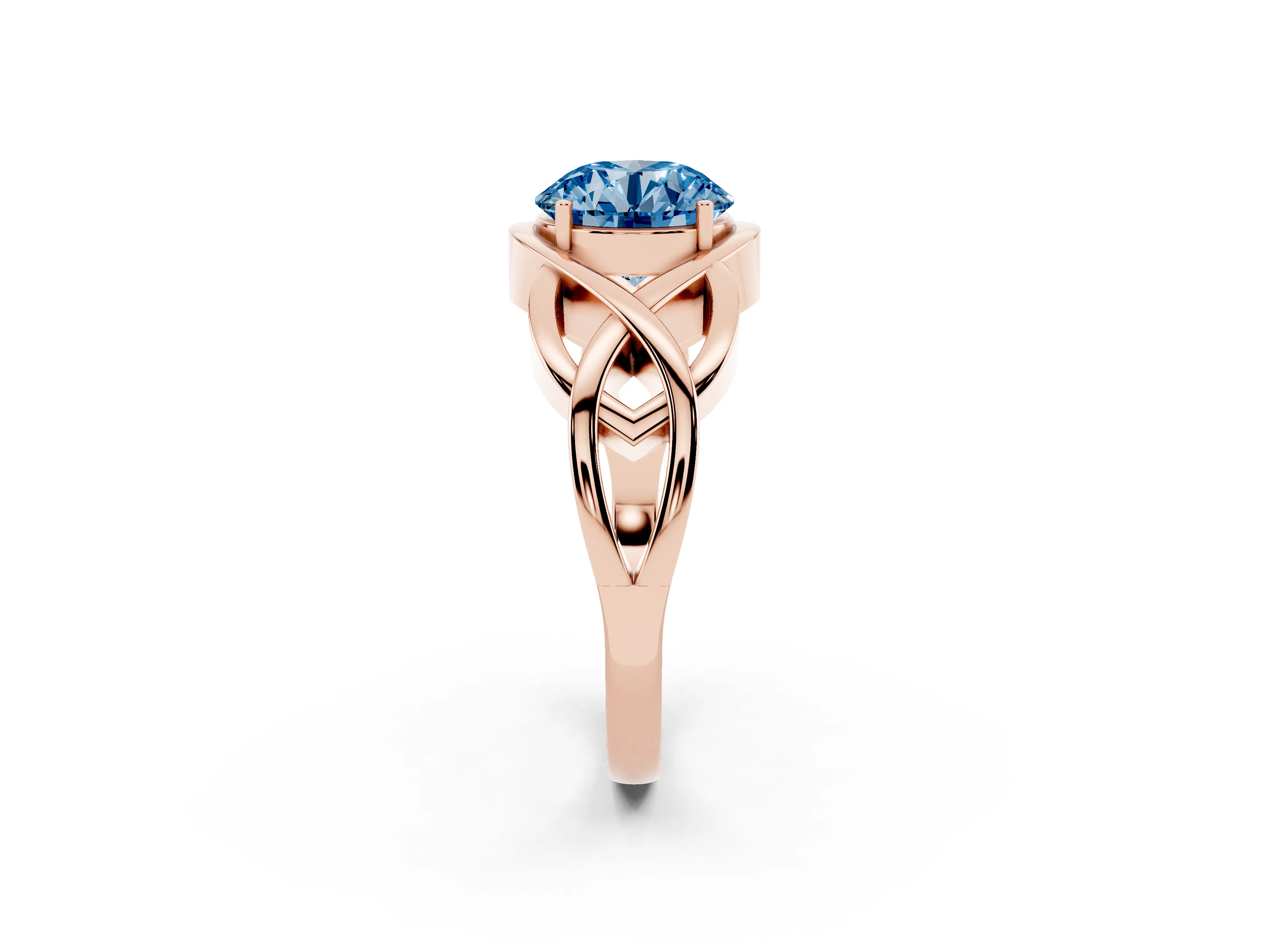 Fancy Blue Round Cut Diamond Solitaire Ring Set in Rose gold with Intertwined Band