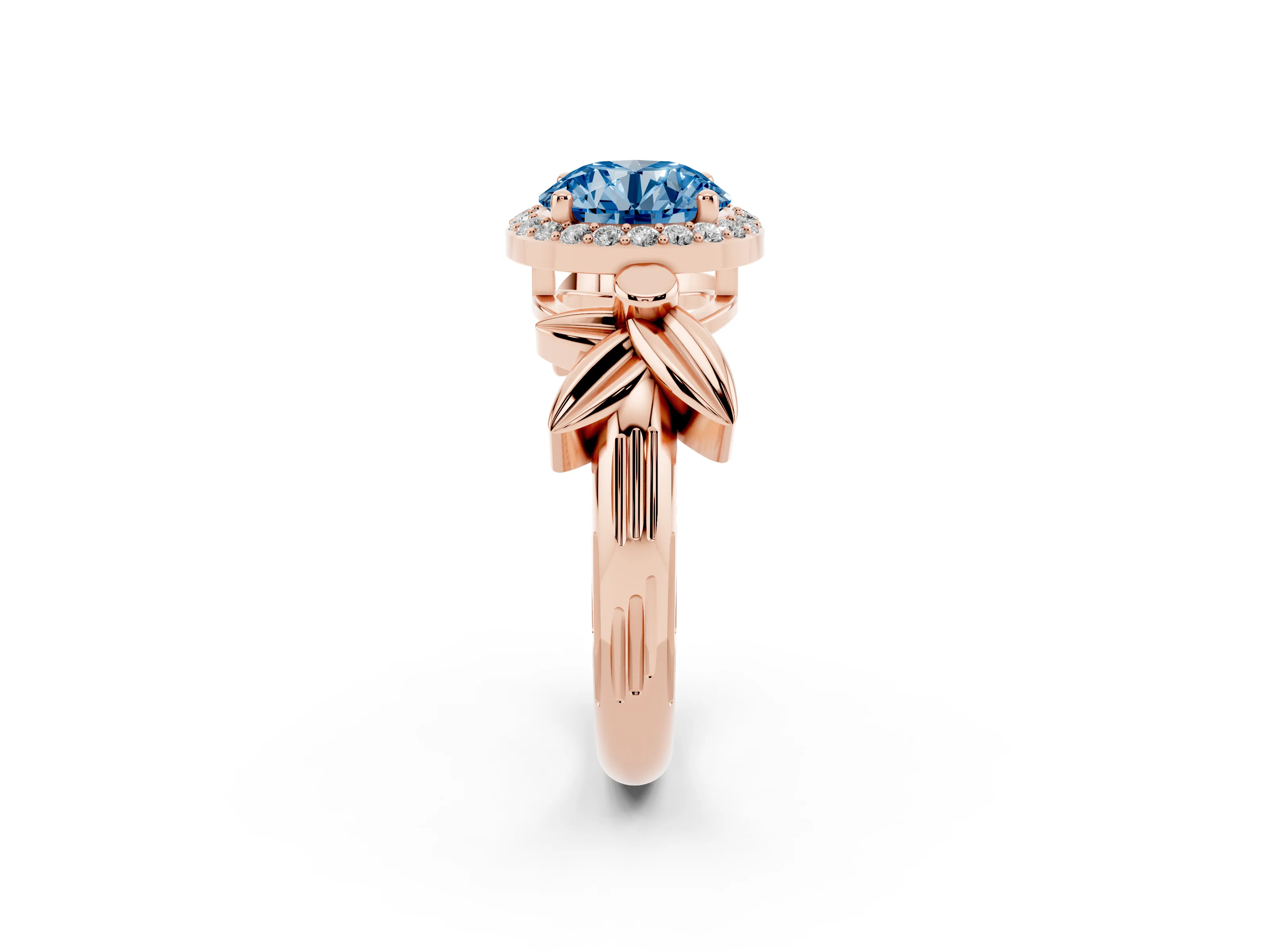 Fancy Blue Round Cut Diamond Halo Floral Band Ring Set in Rose gold with Prong Setting