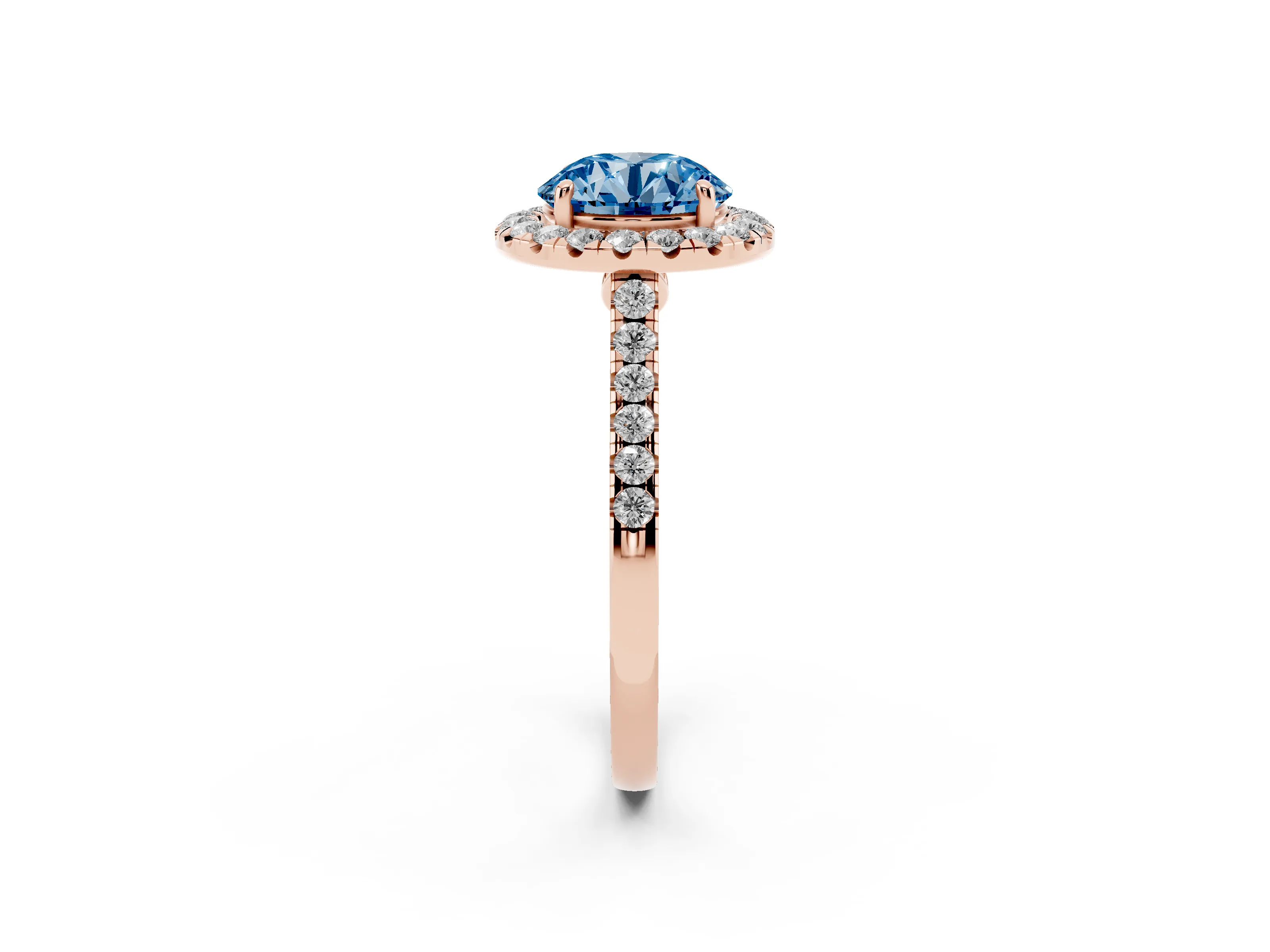 Fancy Blue Round Cut Diamond Halo Pavé Engagement Ring Set in Rose gold with Prong Setting
