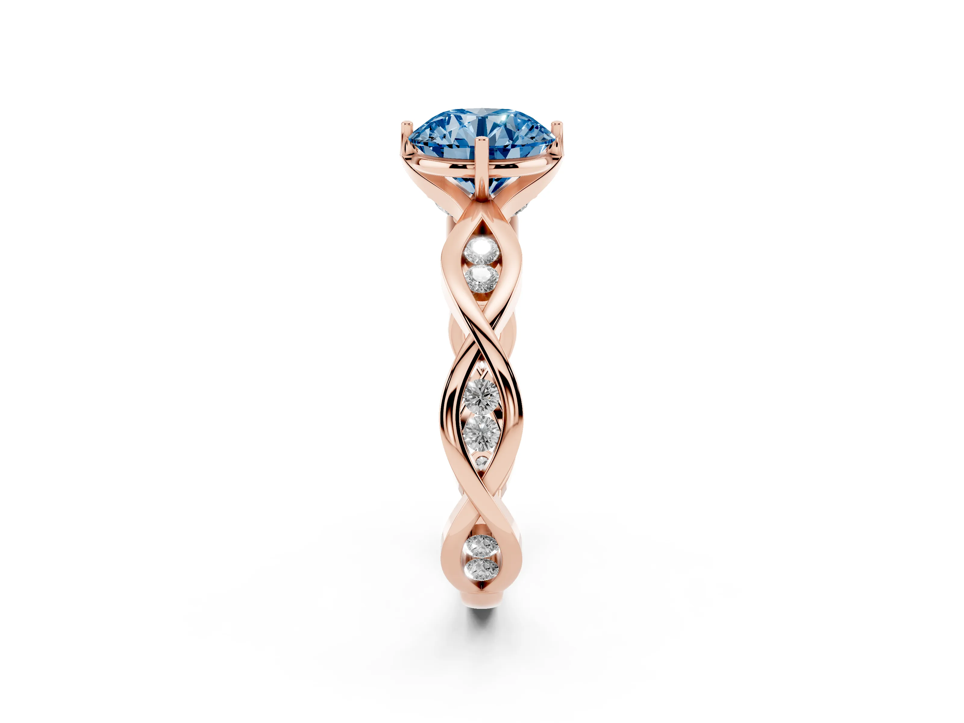 Fancy Blue Round Cut Diamond Twist Band Solitaire Ring Set in Rose gold with Leaf Prong Setting and Accent Stones