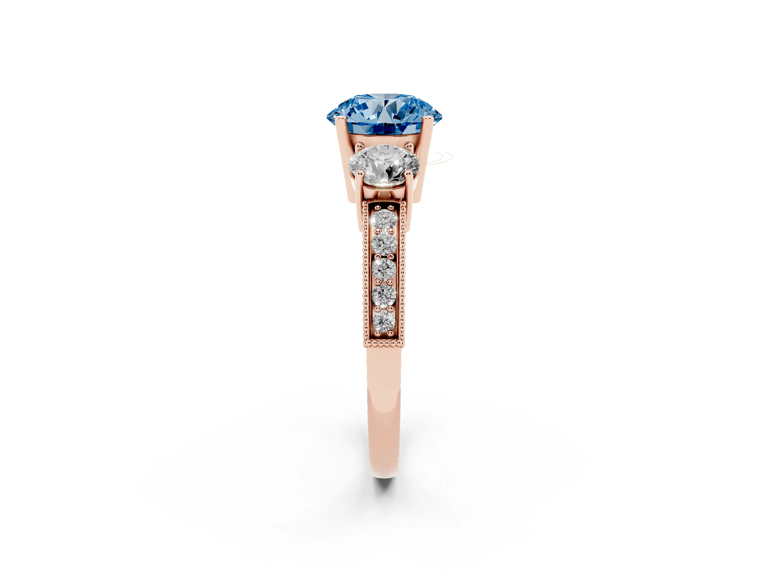 Fancy Blue Round Cut Diamond Three-Stone Ring Set in Rose gold with Round Side Stones and Pavé Band