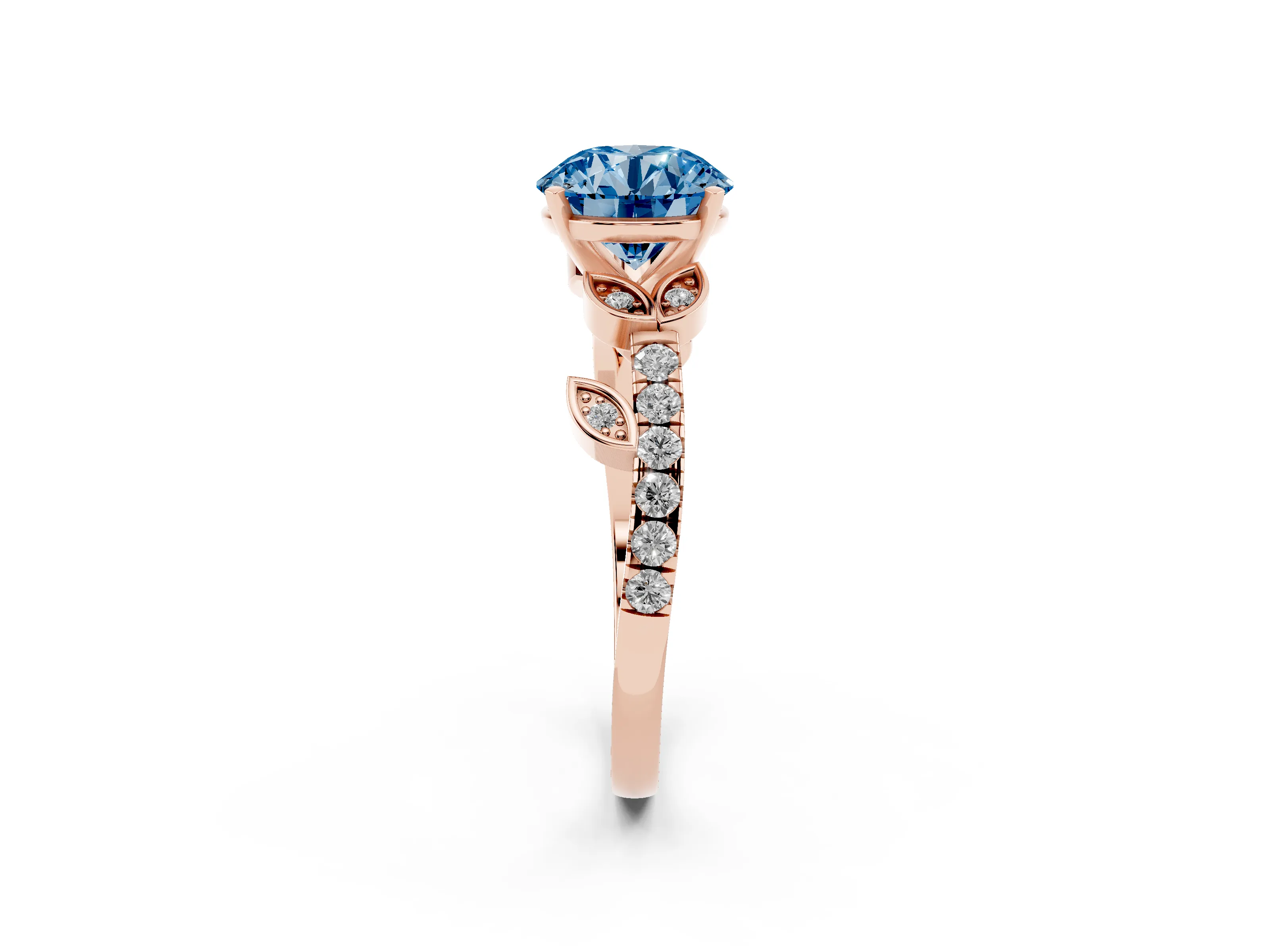 Fancy Blue Round Cut Diamond Solitaire Leaf-Inspired Ring Set in Rose gold with Pavé Band and Prong Setting