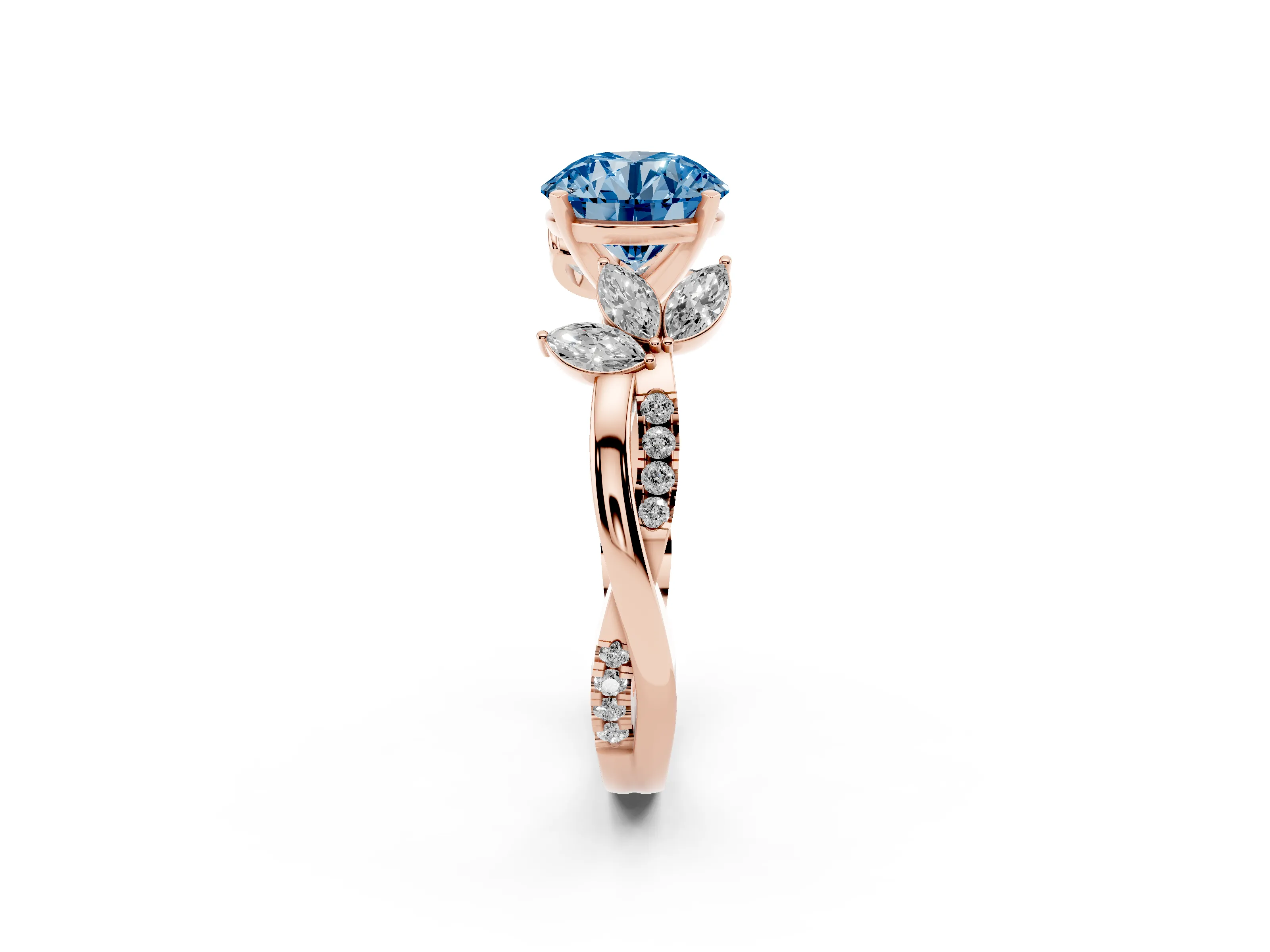 Fancy Blue Round Cut Diamond Floral Vine Solitaire Engagement Ring Set in Rose gold with Marquise Leaves