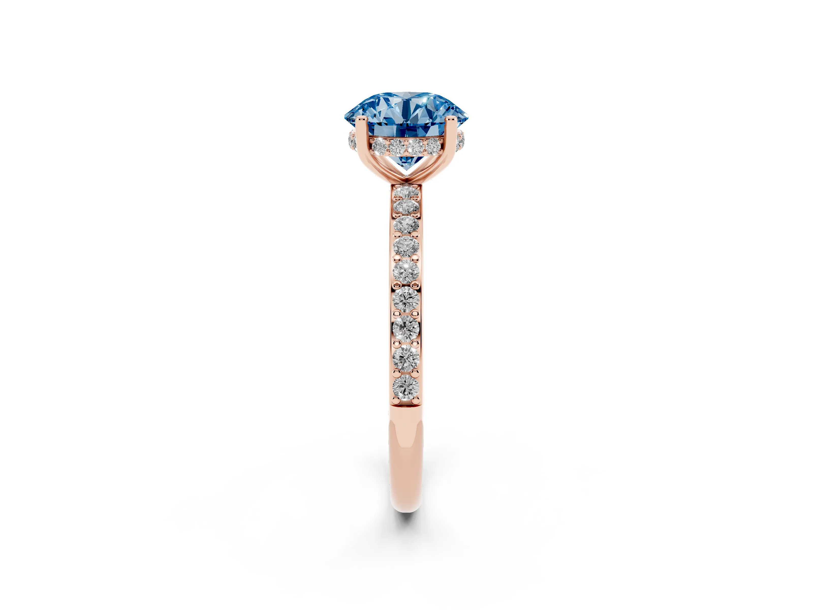 Fancy Blue Round Cut Diamond Pavé Band Ring Set in Rose gold with Prong-Set Center Stone