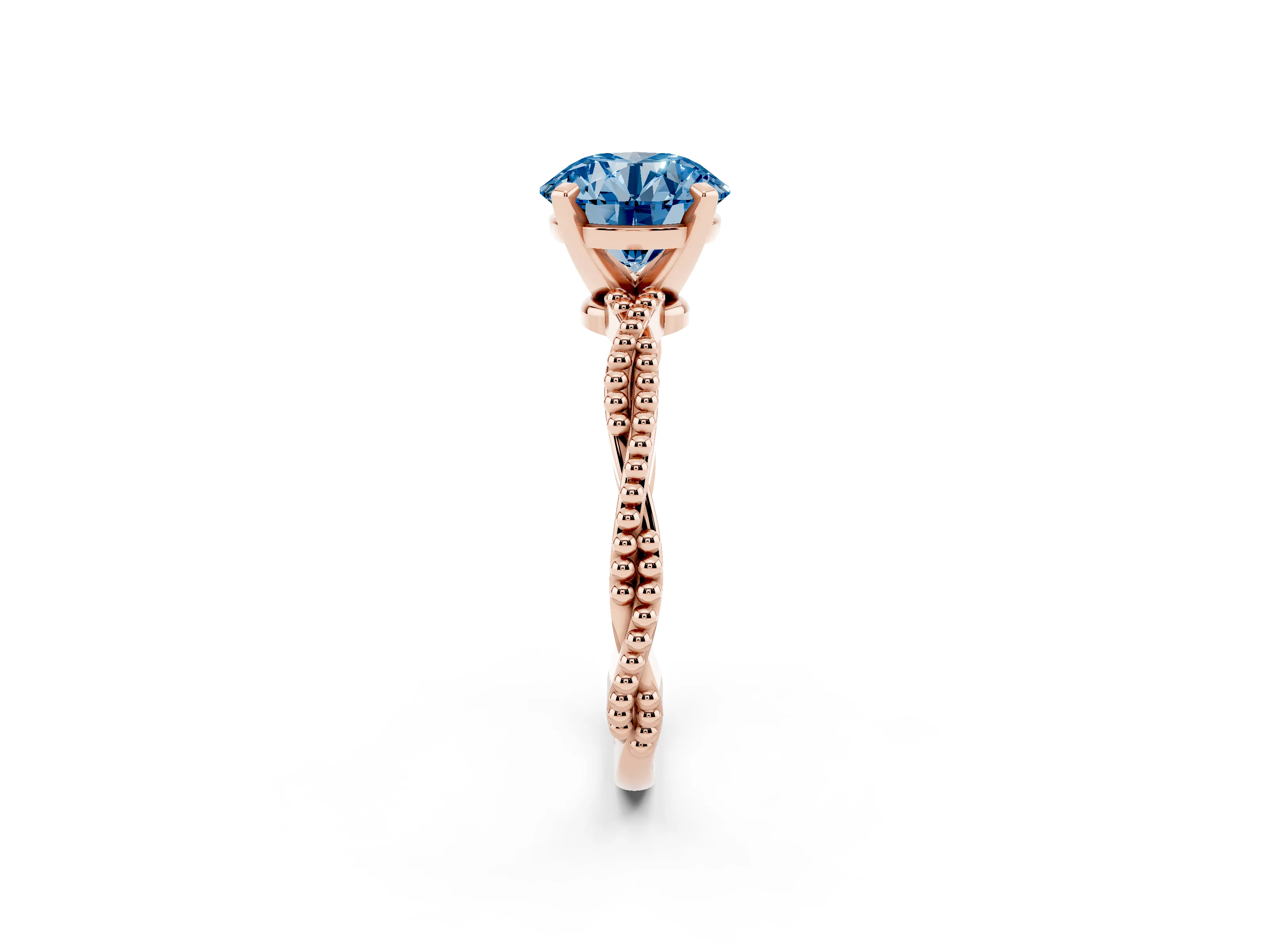Fancy Blue Round Cut Diamond Solitaire Ring Set in Rose gold with Twisted Band and Bead Prong Setting